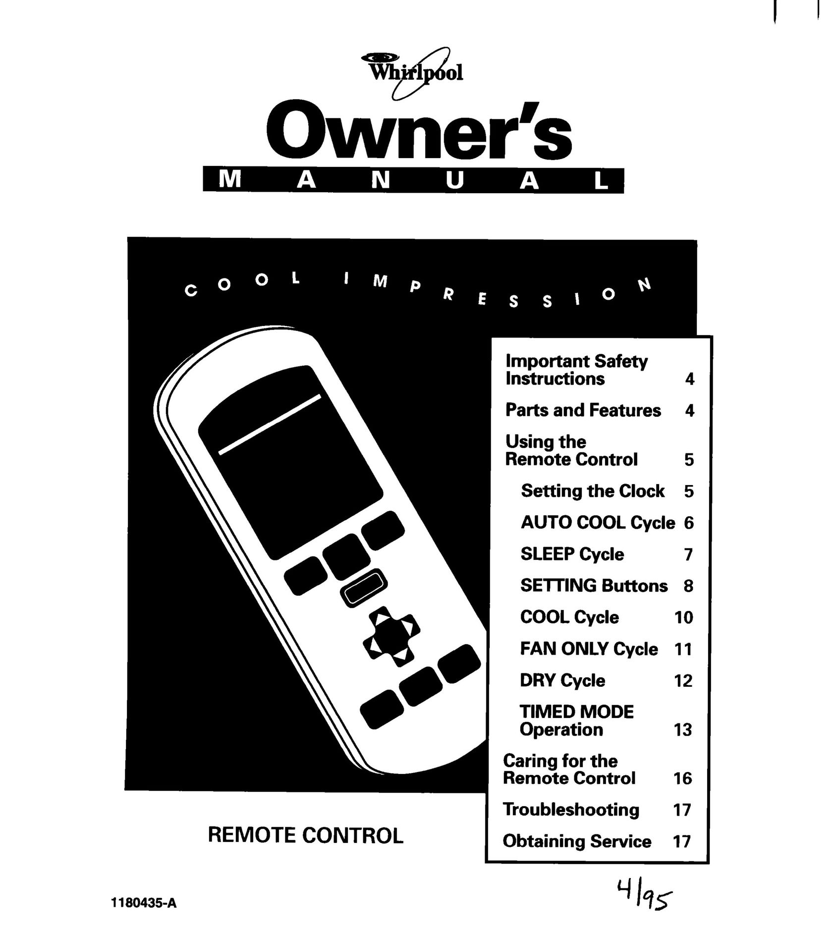 Whirlpool 1180435-A Universal Remote User Manual