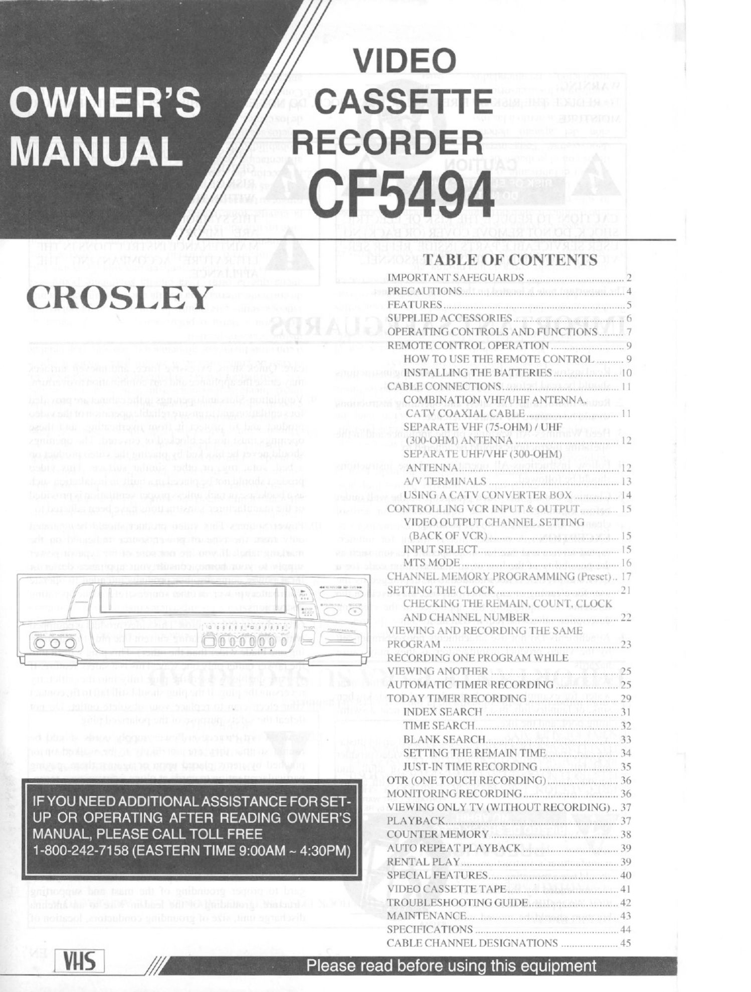 Crosley Radio CF5494 VCR User Manual