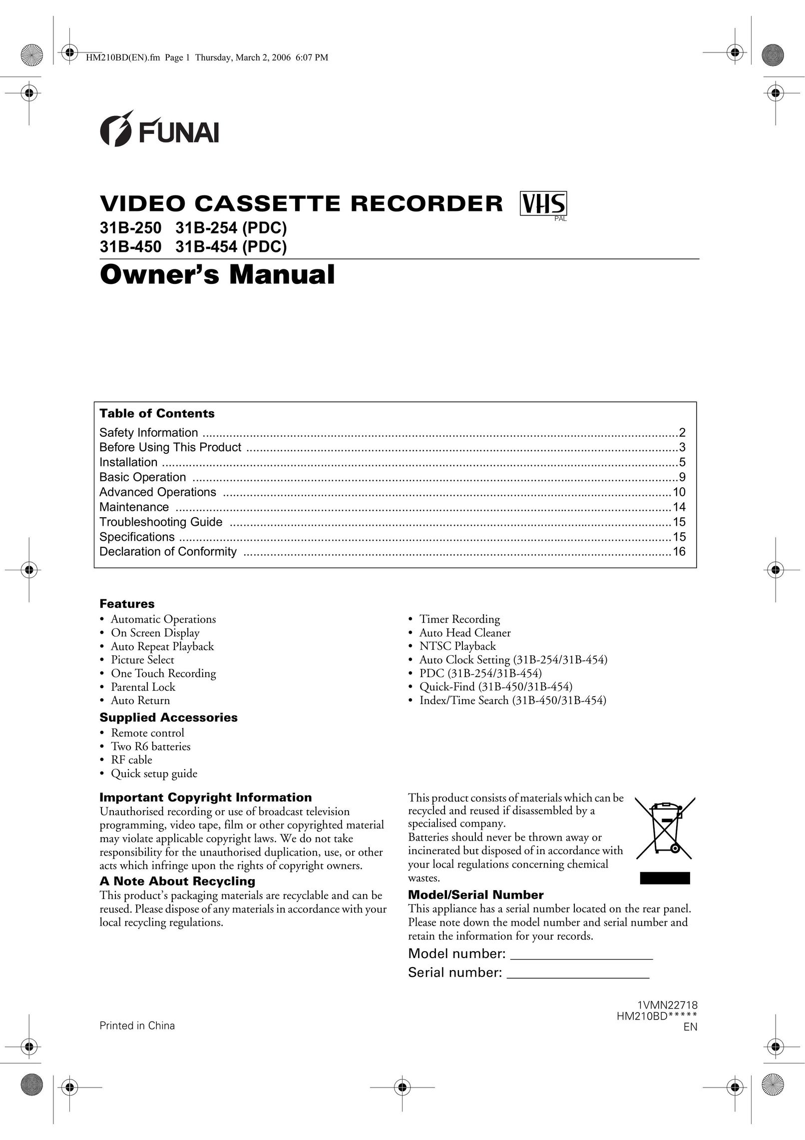 FUNAI 31B-254 VCR User Manual