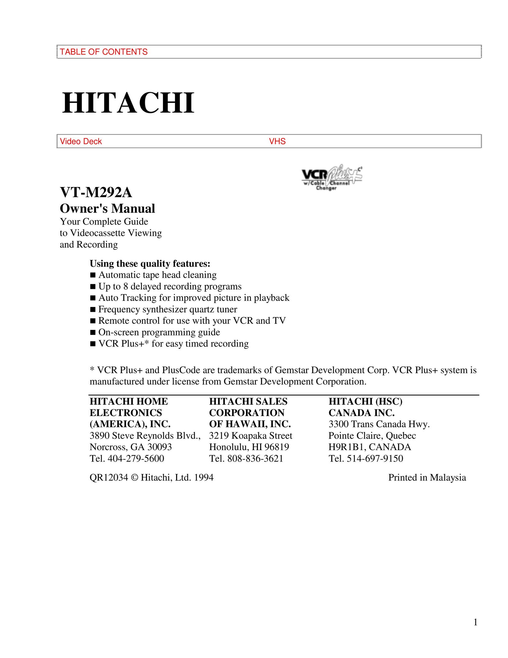 Hitachi VHS VT-M292A VCR User Manual