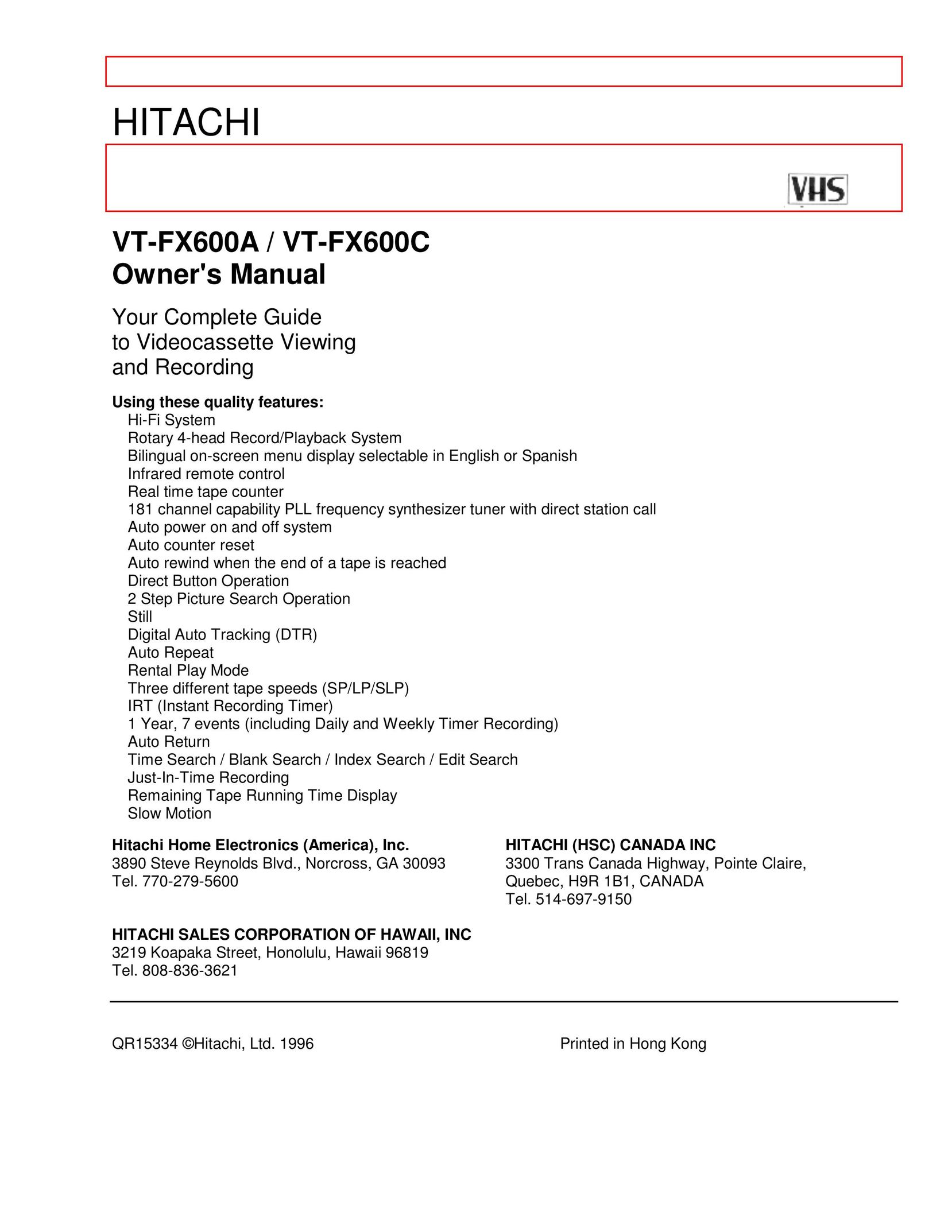 Hitachi VT-FX600A, VT-FX600C VCR User Manual