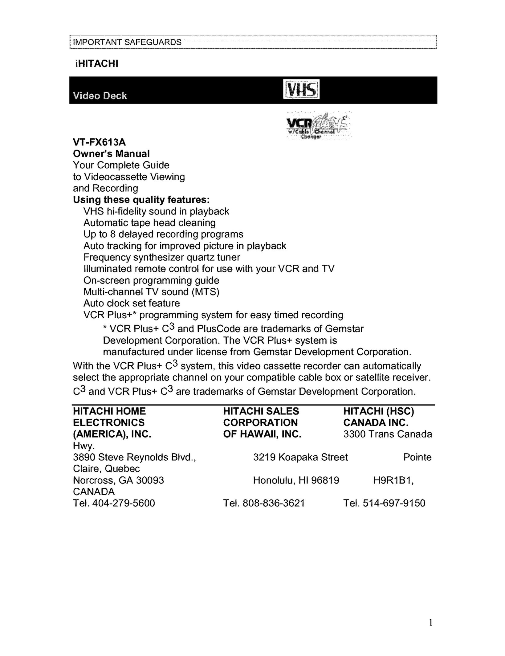 Hitachi VT-FX613A VCR User Manual