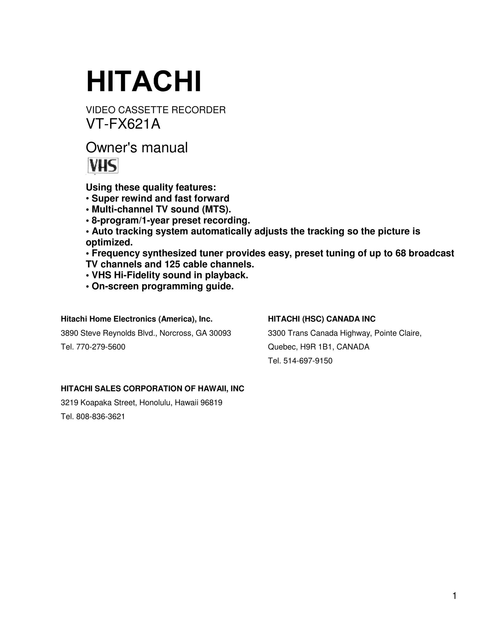 Hitachi VT-FX621A VCR User Manual