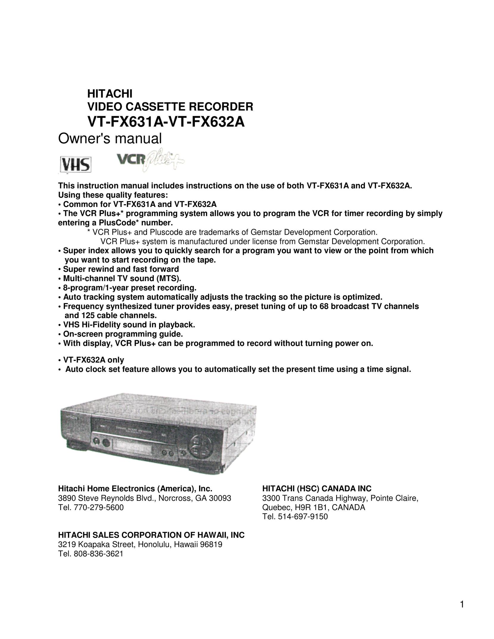 Hitachi VT-FX631A-VT VCR User Manual