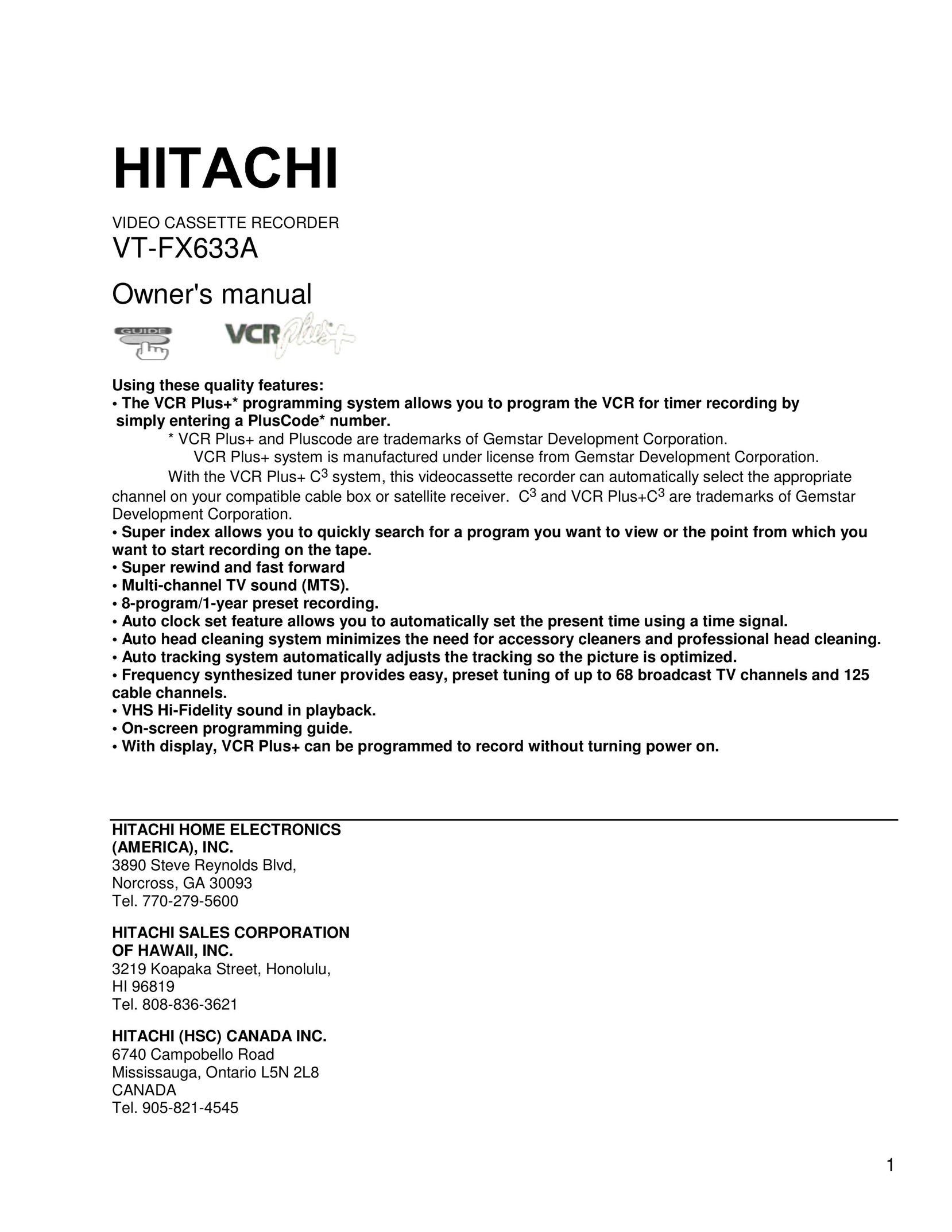 Hitachi VT-FX633A VCR User Manual