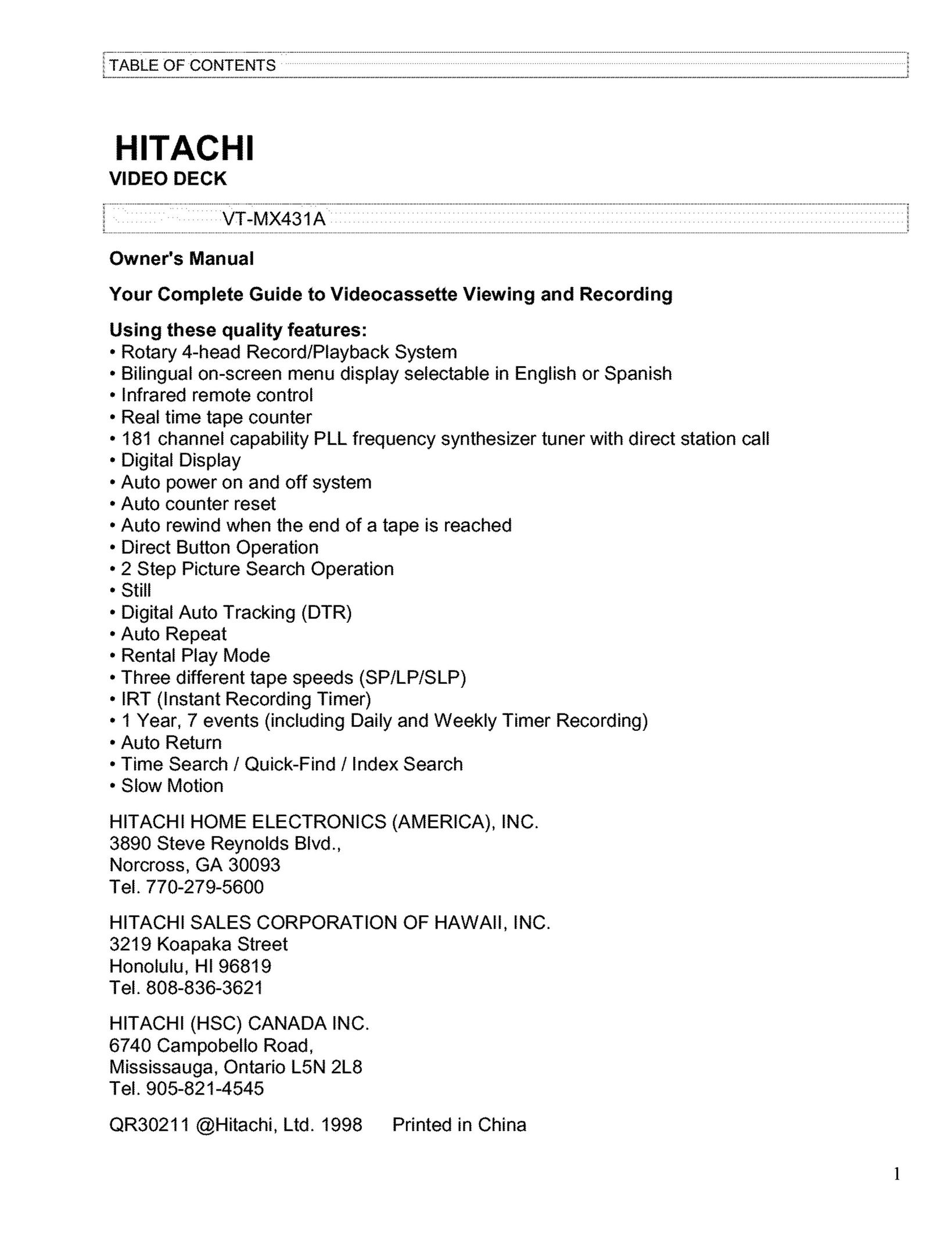 Hitachi VT-MX431A VCR User Manual