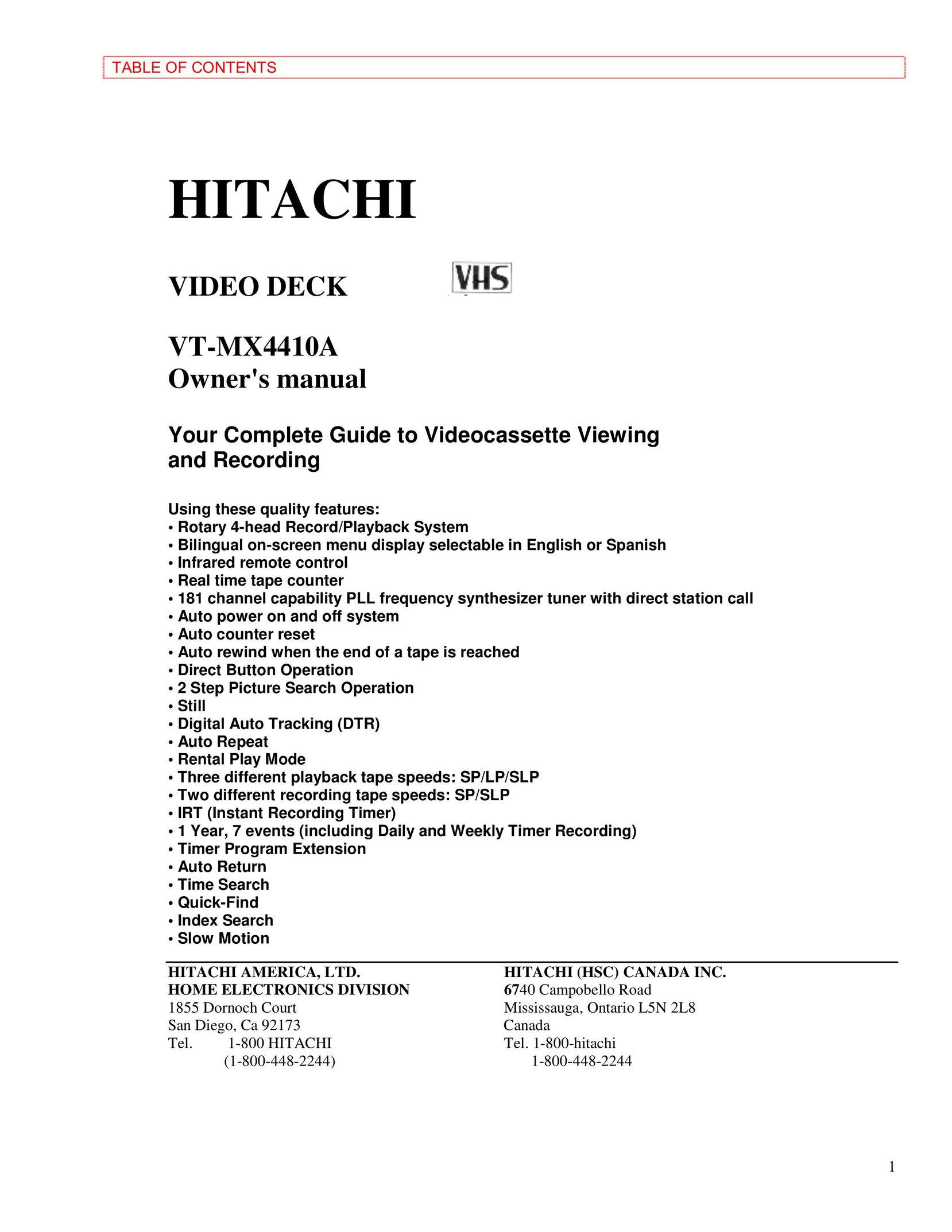 Hitachi VT-MX4410A VCR User Manual