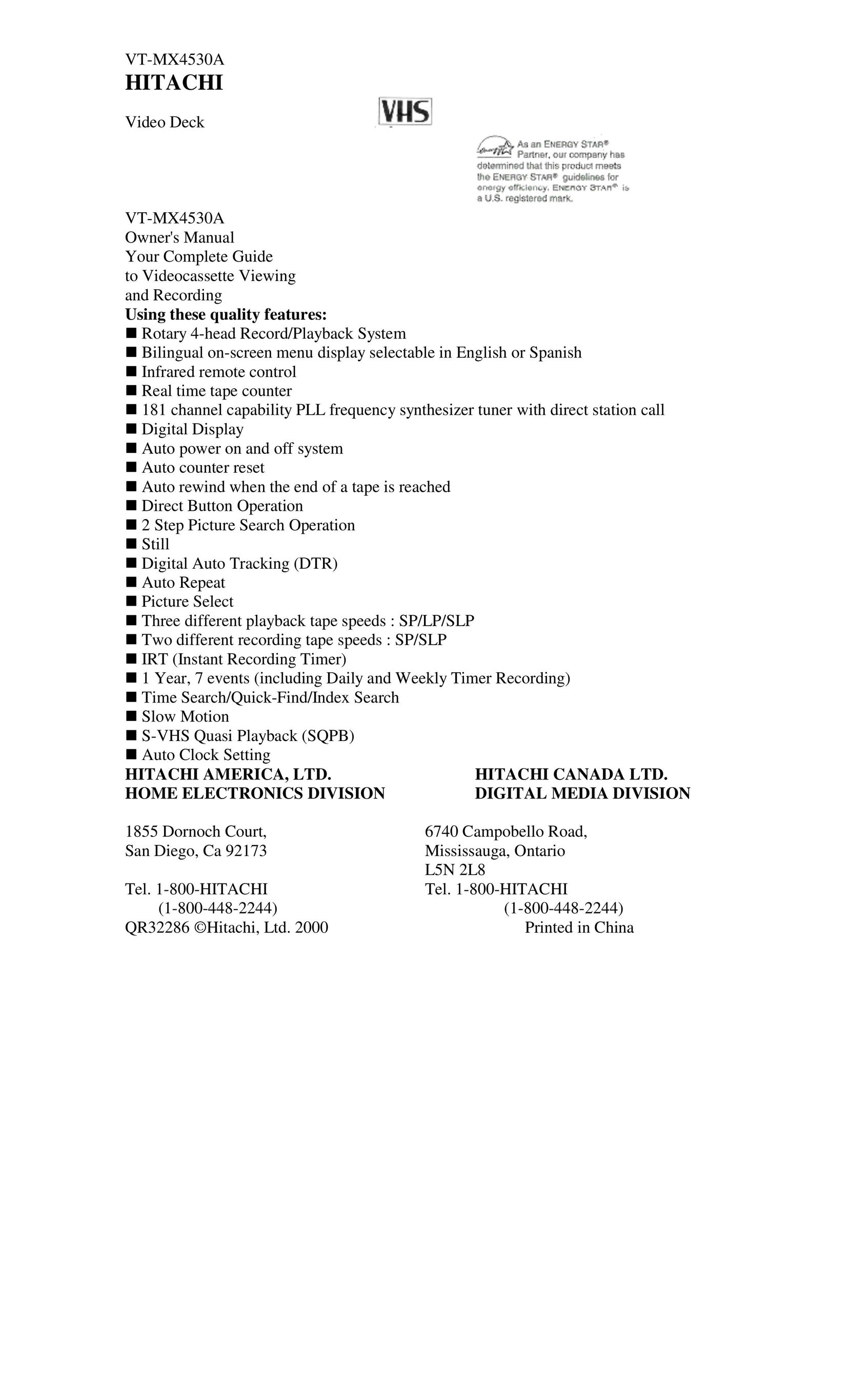 Hitachi VT-MX4530A VCR User Manual