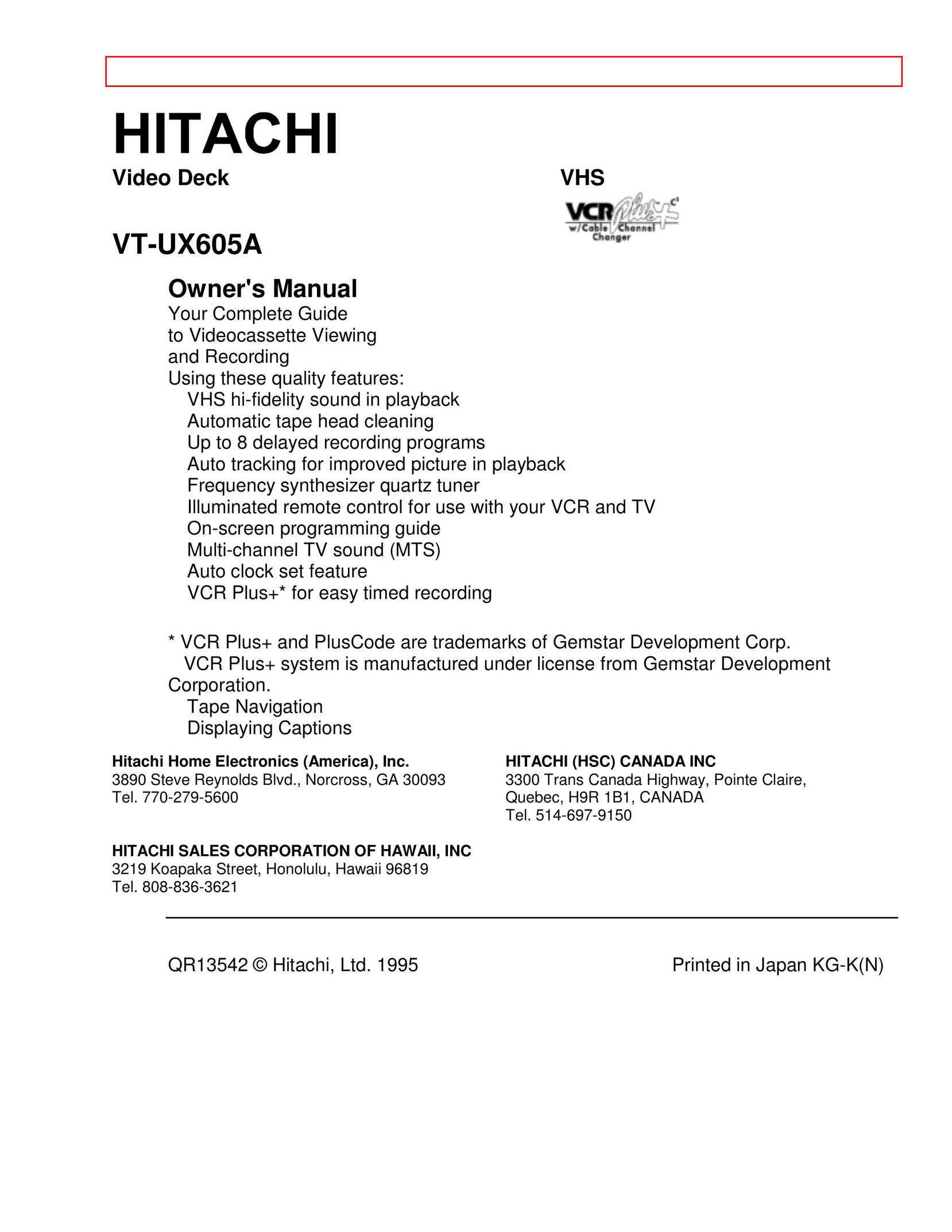 Hitachi VT-UX605A VCR User Manual