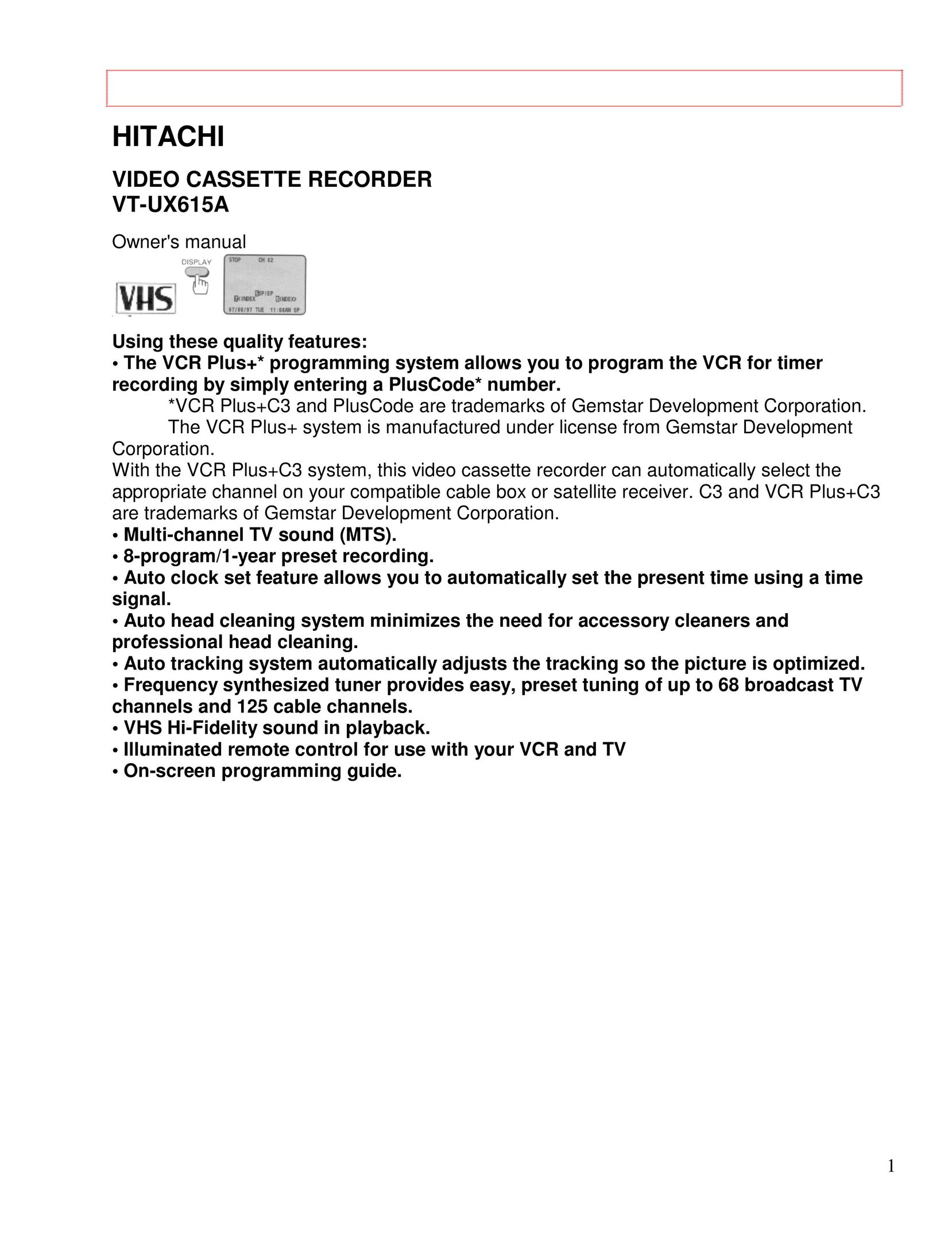 Hitachi VT-UX615A VCR User Manual