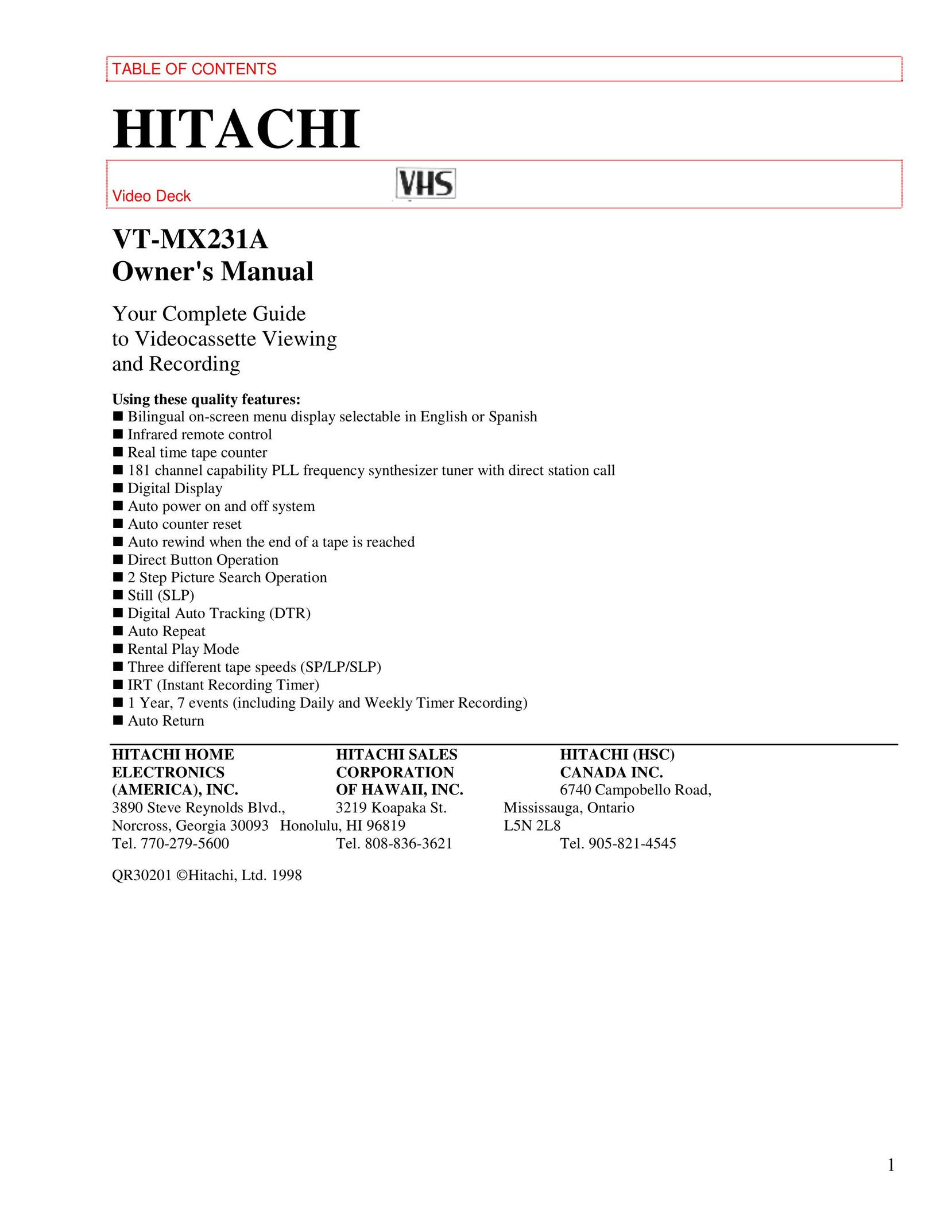 Hitachi VTMX-231A VCR User Manual