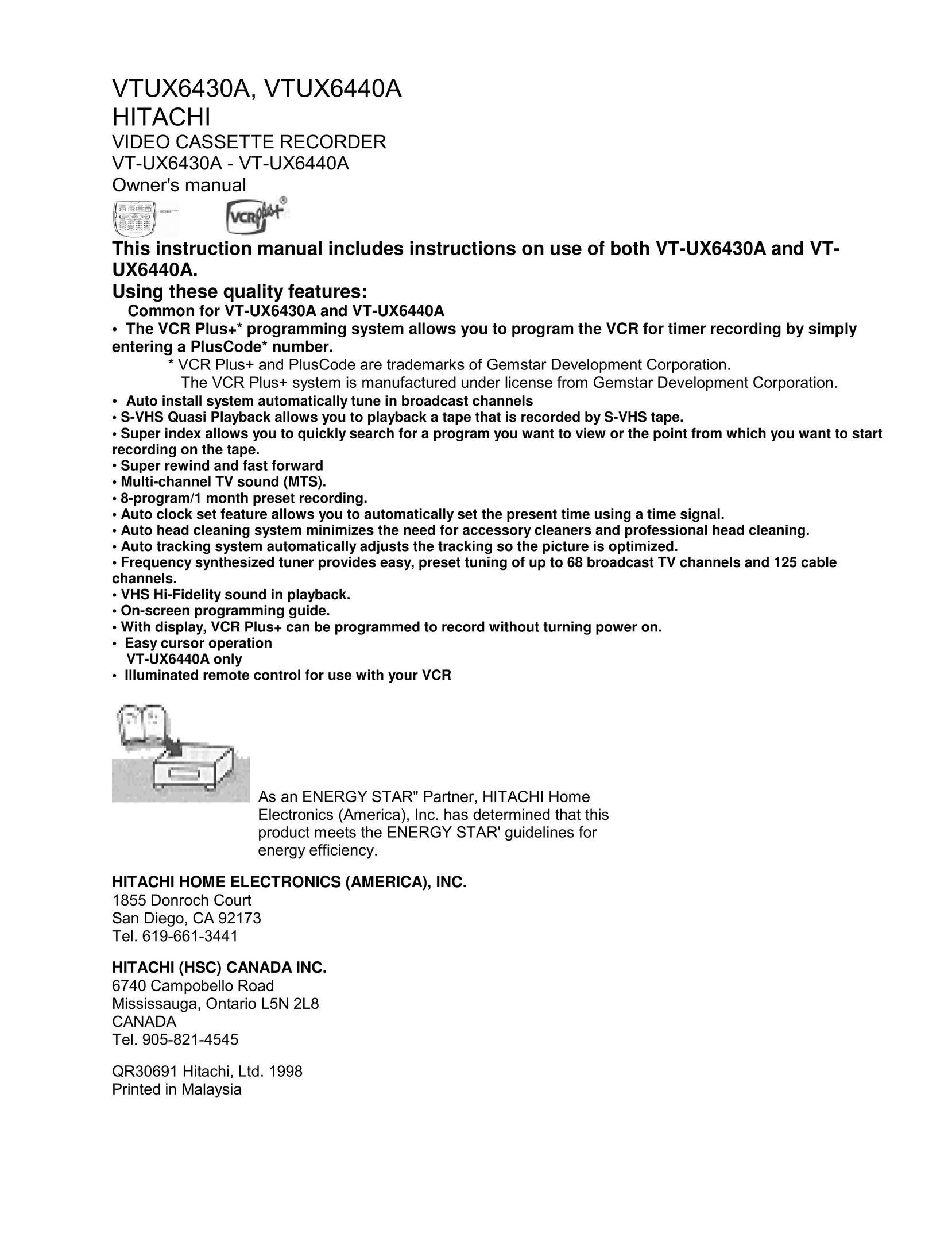 Hitachi VTUX6440A VCR User Manual