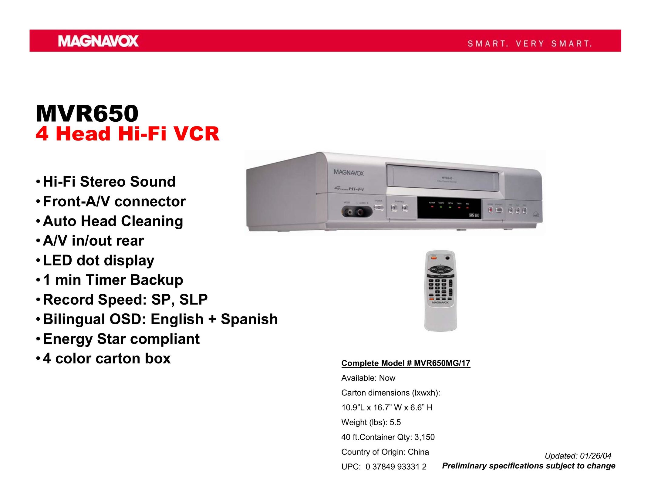 Magnavox MVR650 VCR User Manual