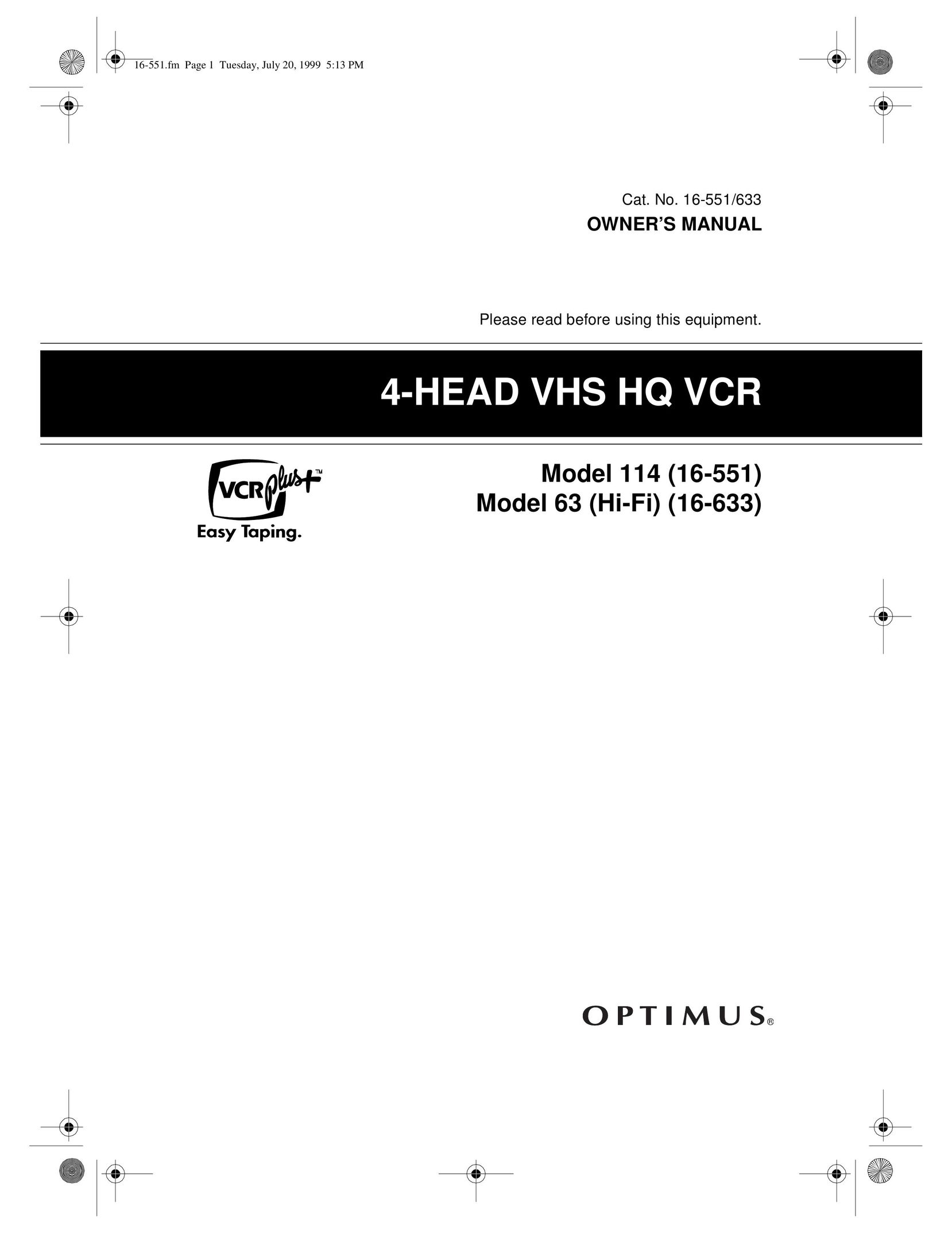 Optimus 63 (HI-FI) (16-633) VCR User Manual