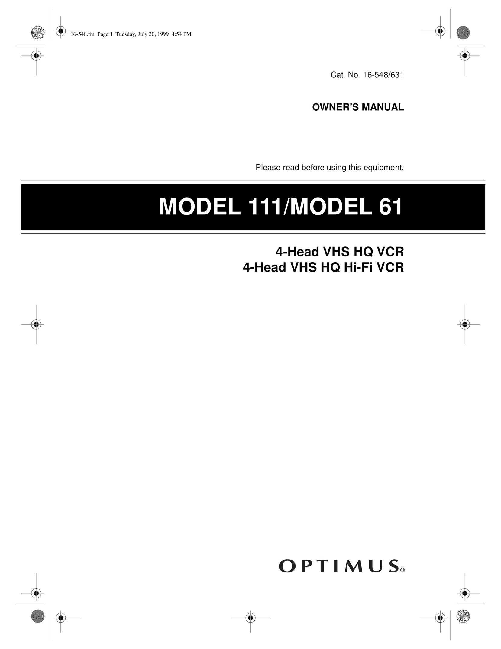 Optimus - Katadyn Products Inc. MODEL 61 VCR User Manual