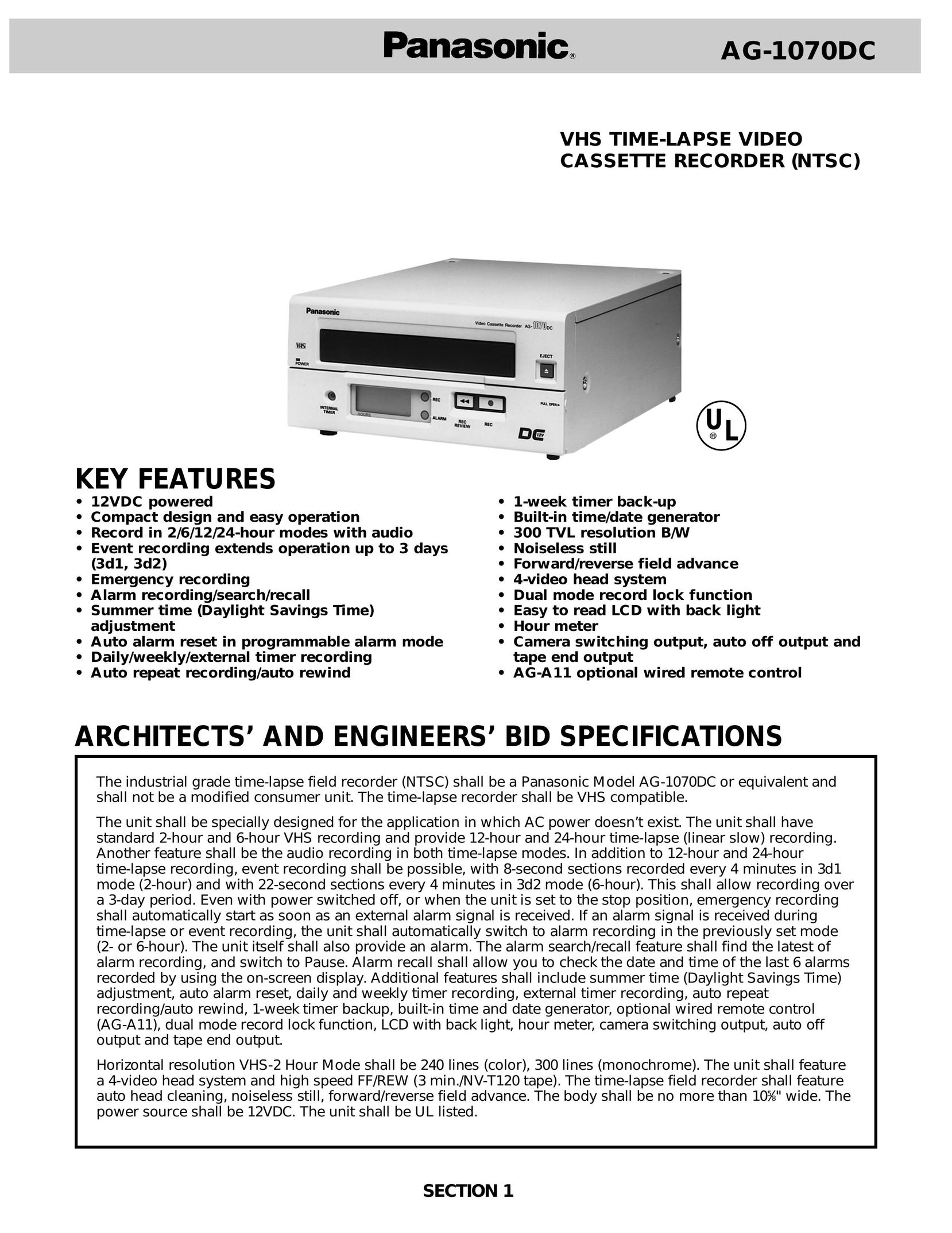 Panasonic AG-1070DC VCR User Manual