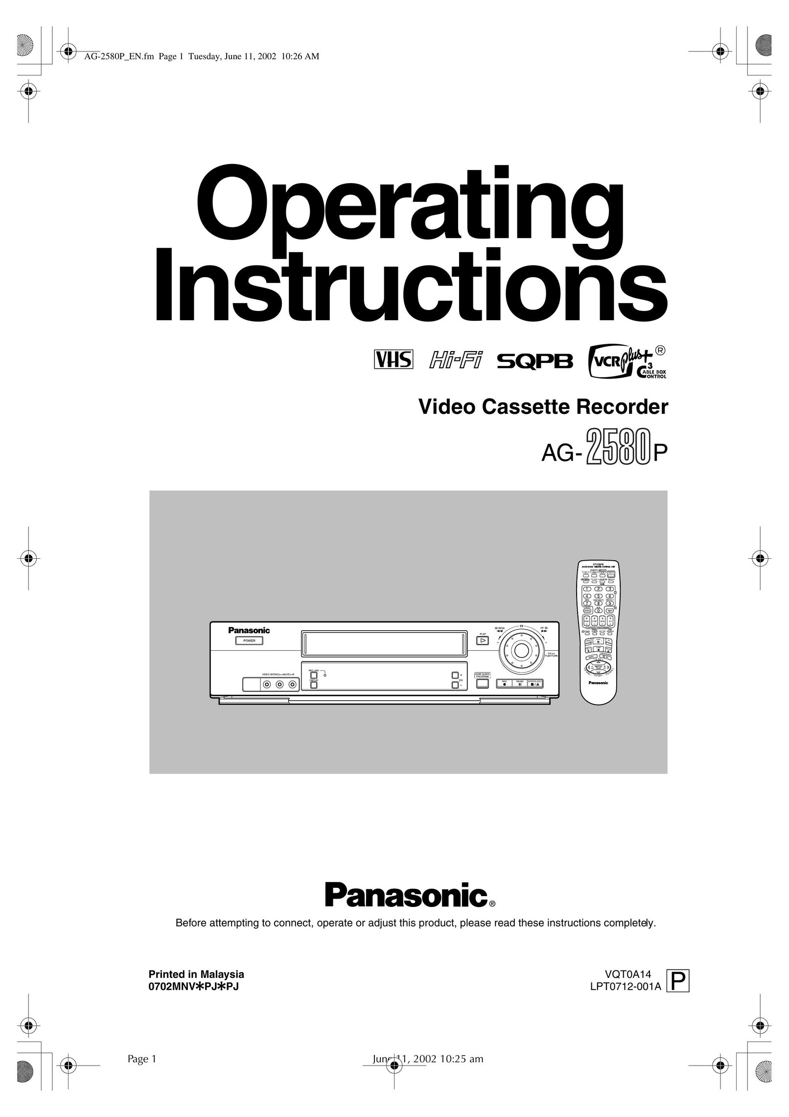 Panasonic AG-2580P VCR User Manual