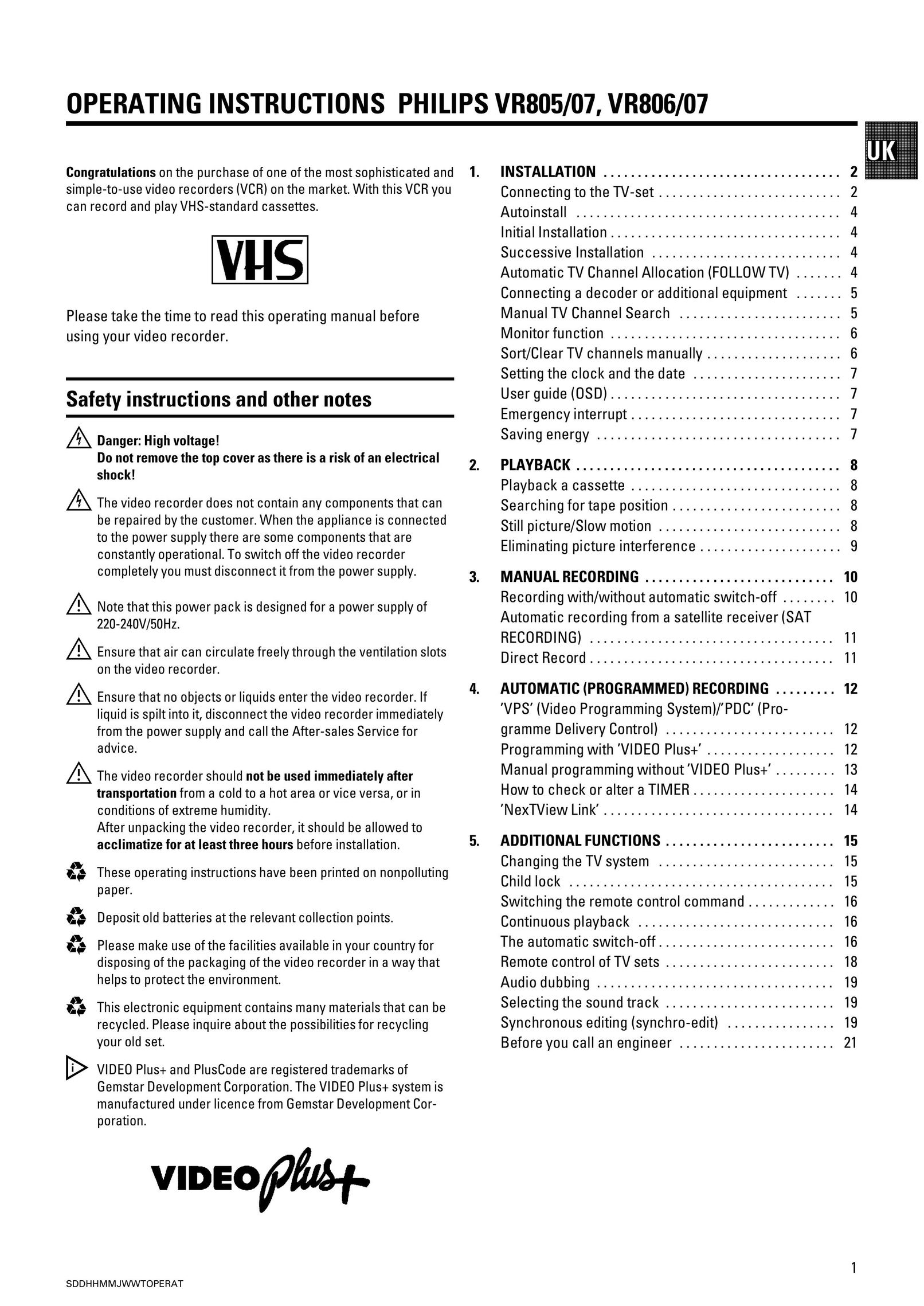 Pioneer VR805/07 VCR User Manual