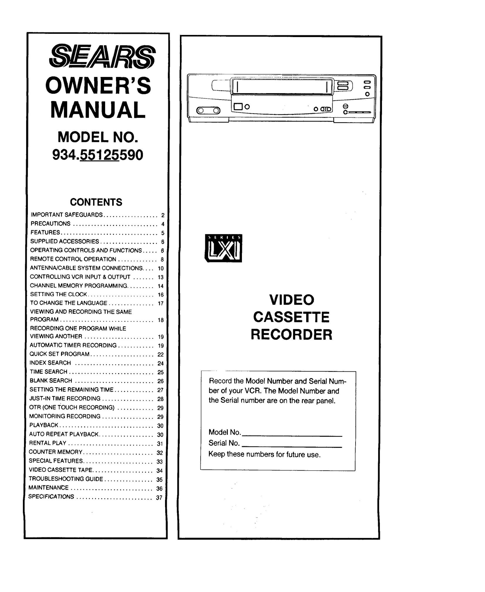 Sears 934.5512559 VCR User Manual