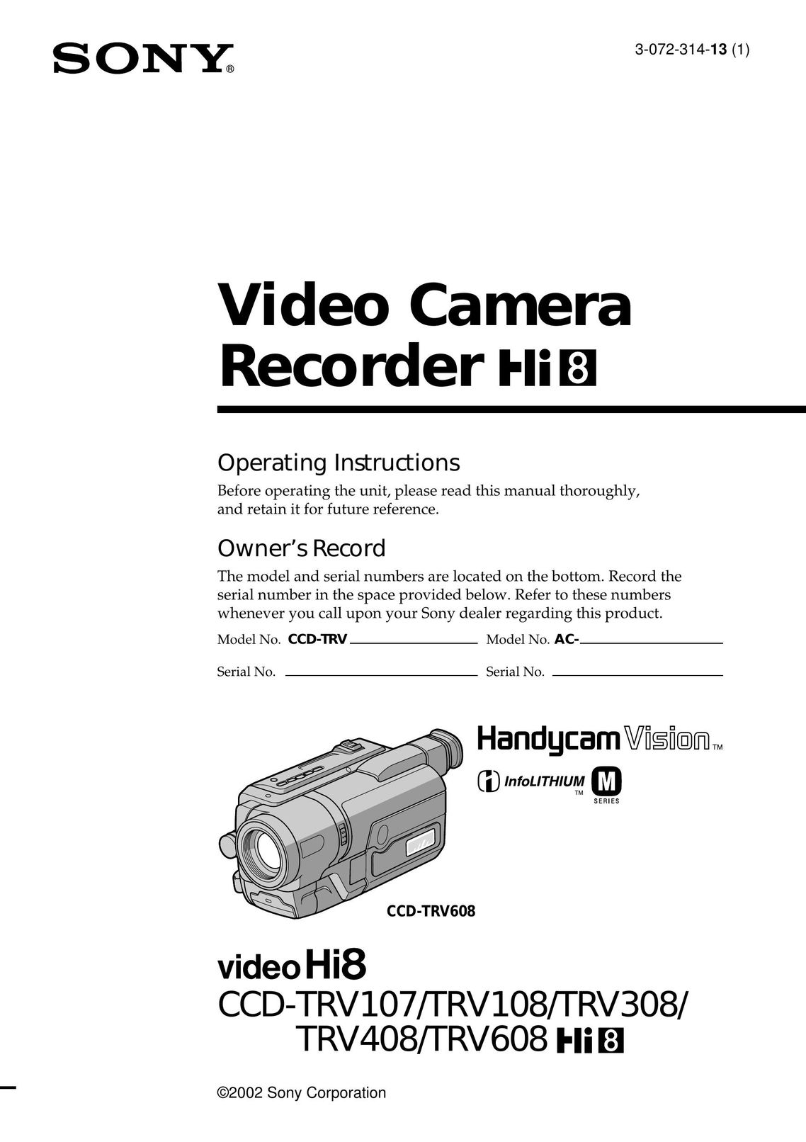 Sony CCD-TRV107 VCR User Manual