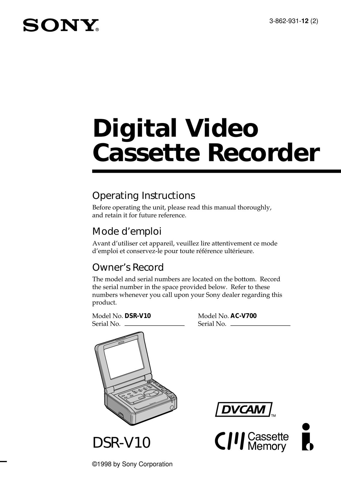Sony DSR-V10 VCR User Manual