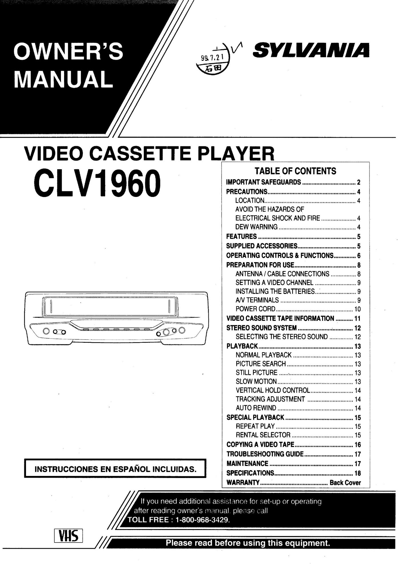 Sylvania CLV1960 VCR User Manual