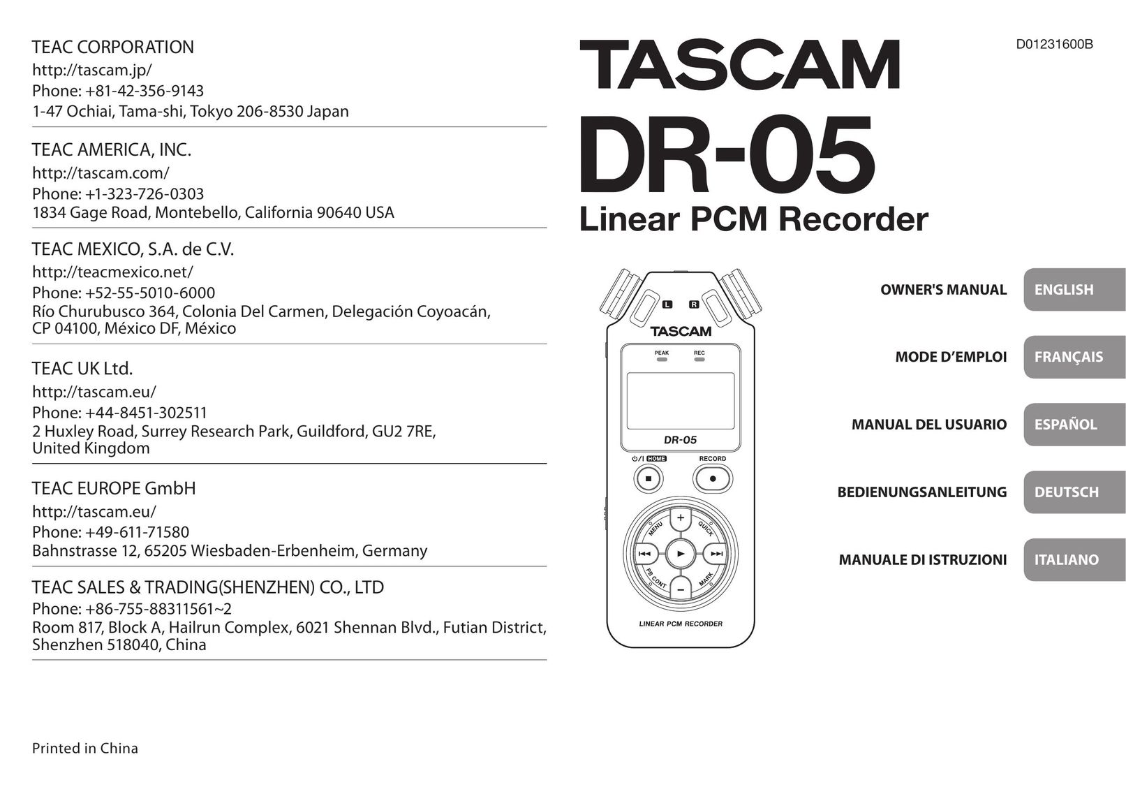 Tascam DR-05 VCR User Manual