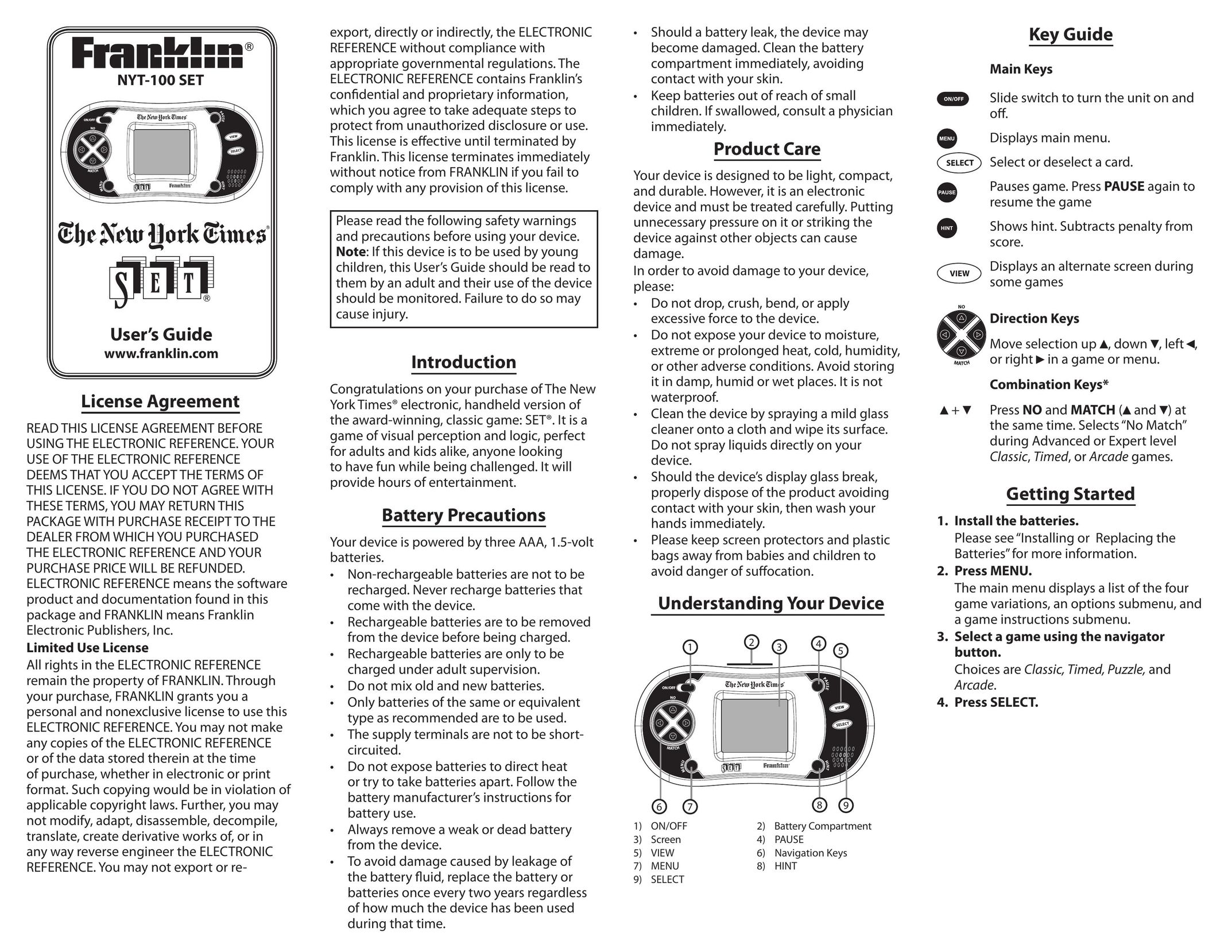 Franklin NYT-100 Handheld Game System User Manual