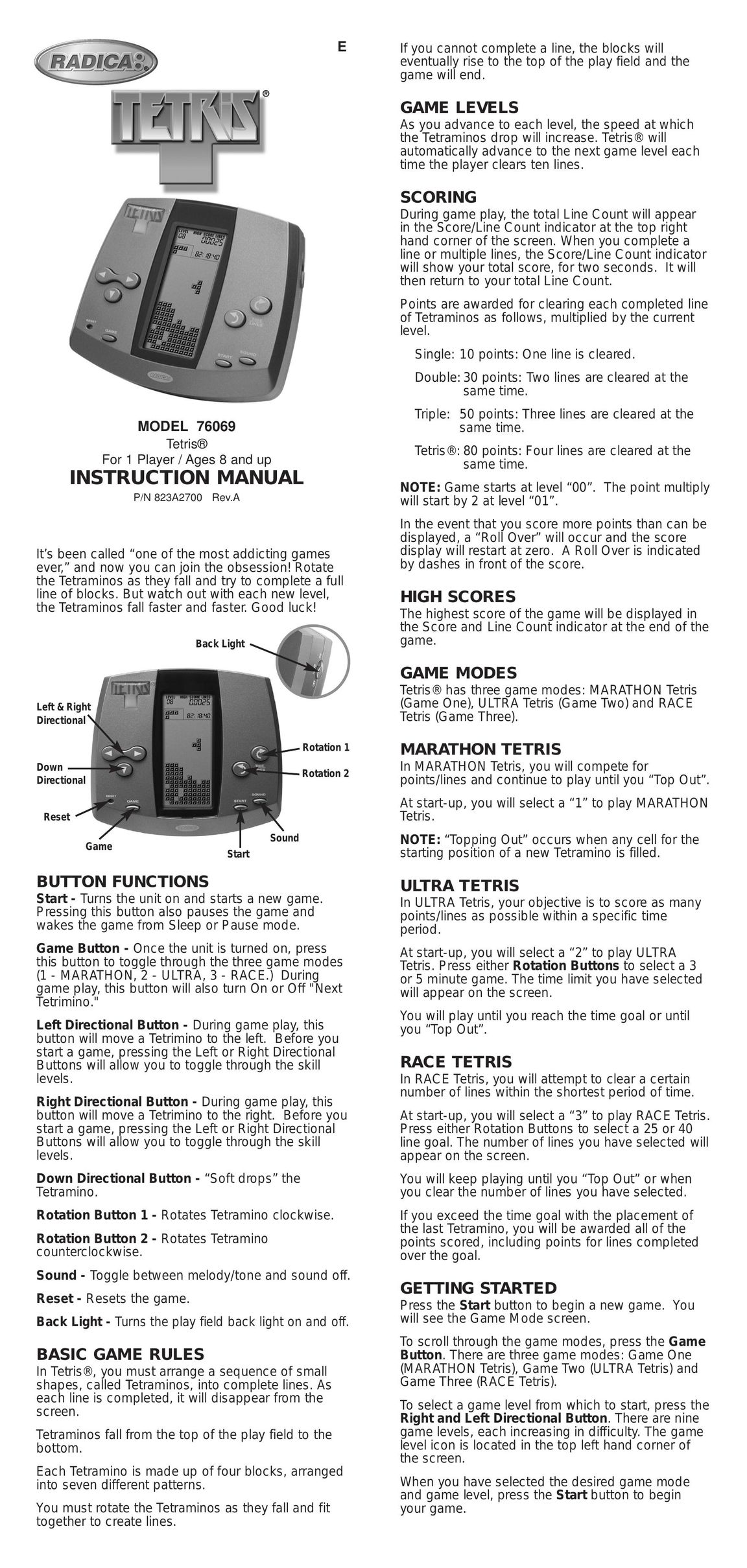 Radica Games 76069 Handheld Game System User Manual