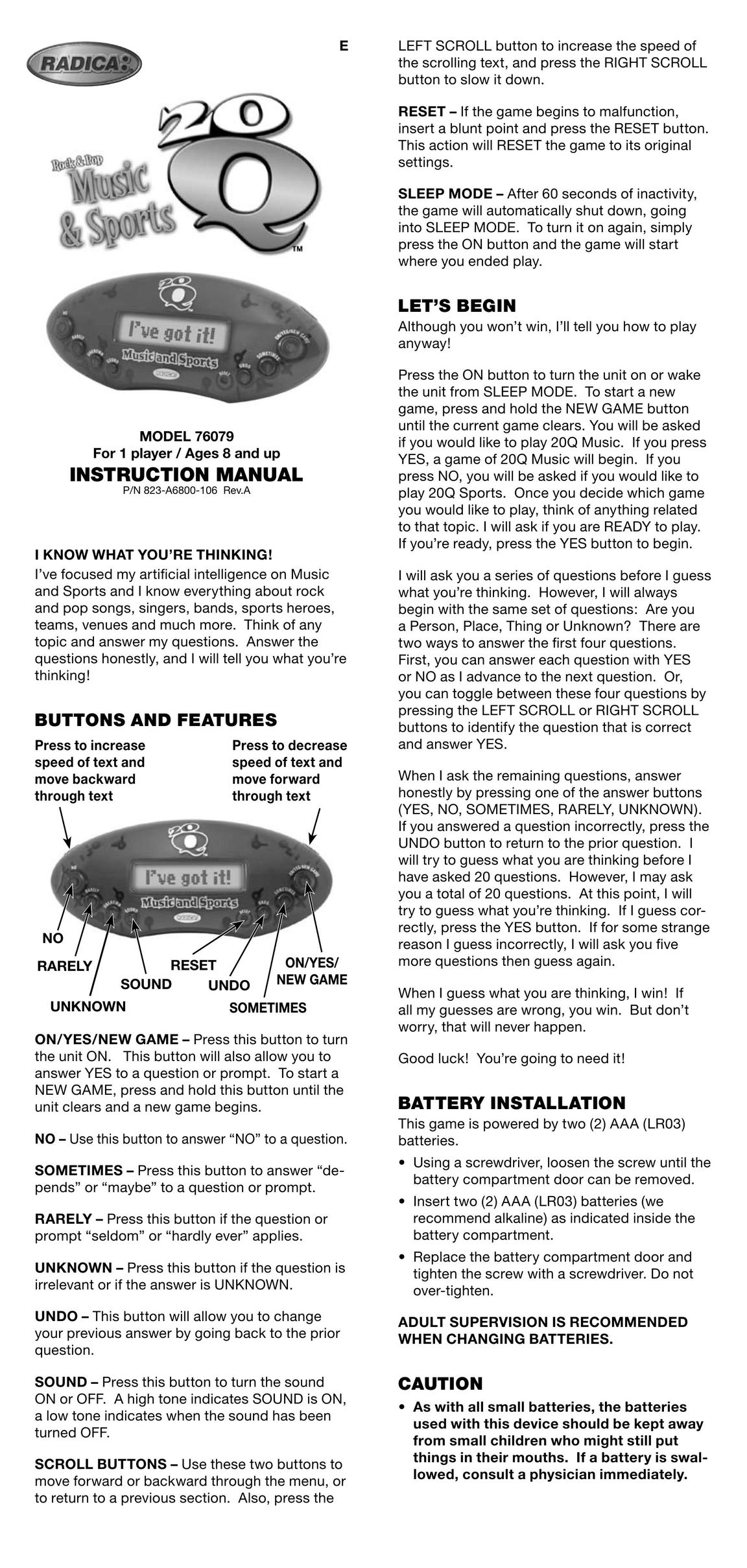 Radica Games 76079 Handheld Game System User Manual