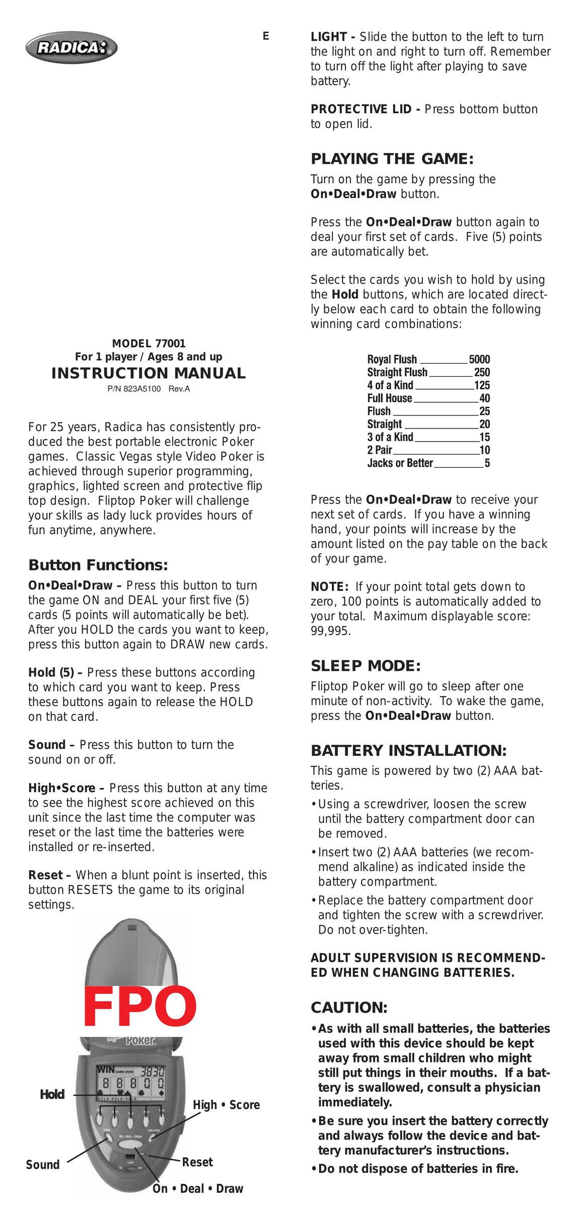 Radica Games 77001 Handheld Game System User Manual