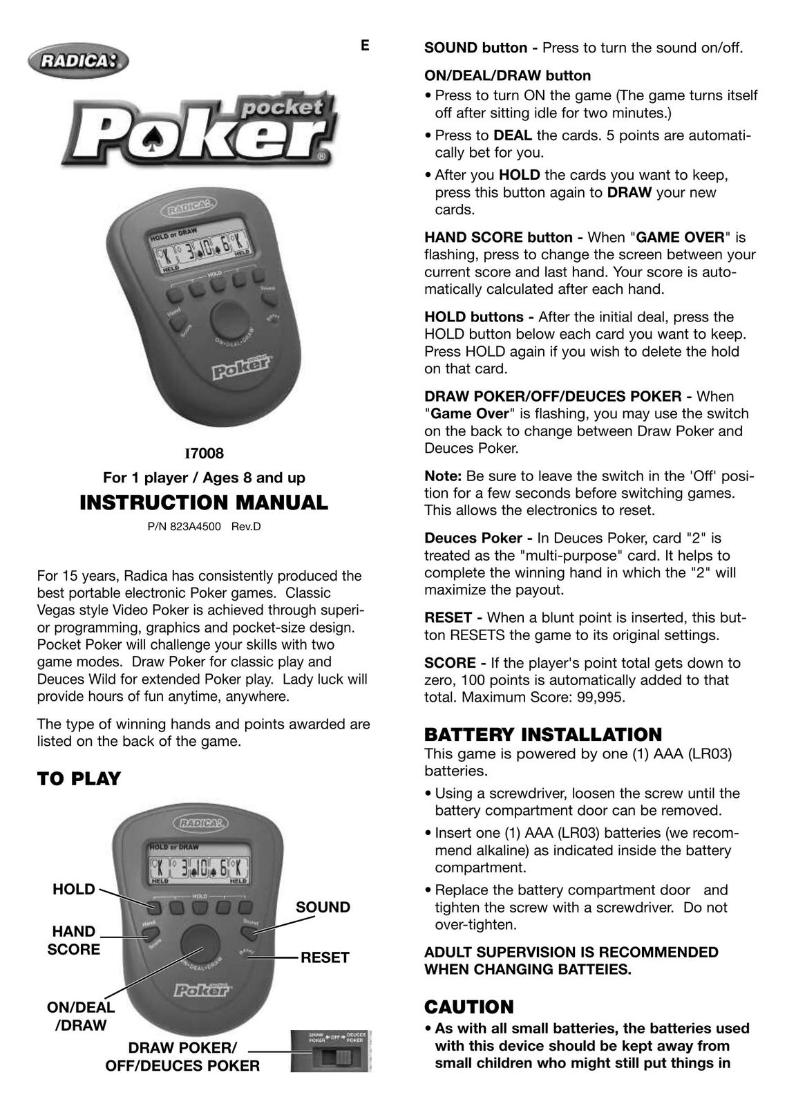 Radica Games I7008 Handheld Game System User Manual