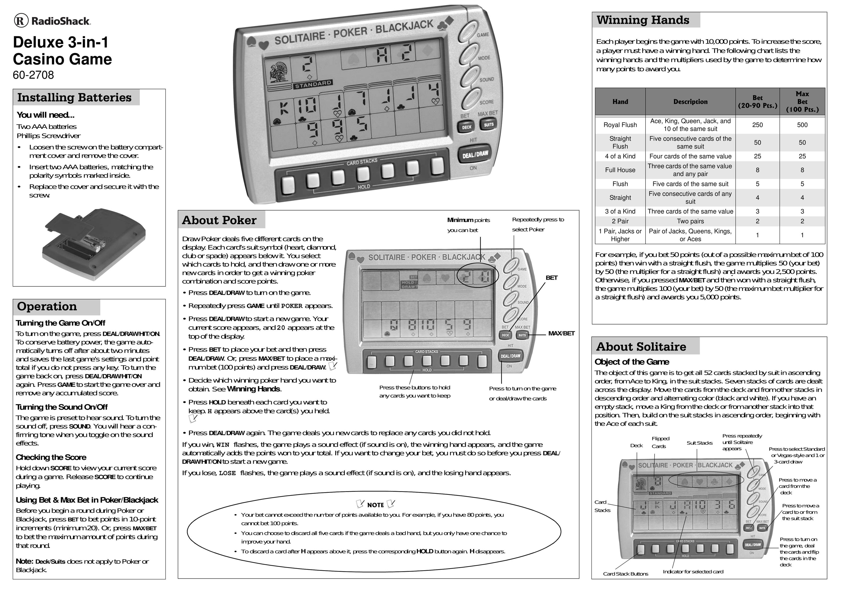 Radio Shack 60-2708 Handheld Game System User Manual