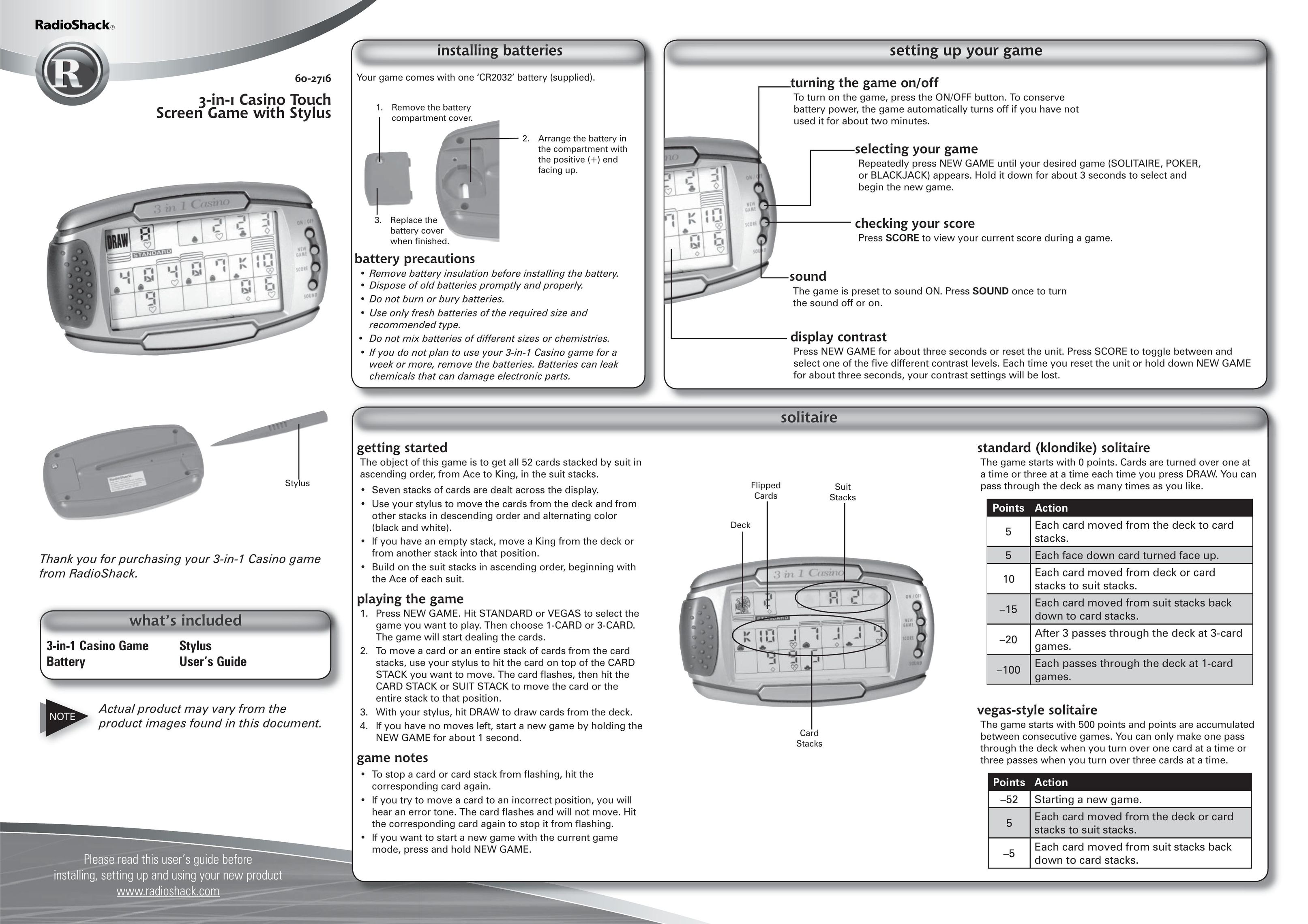 Radio Shack 60-2716 Handheld Game System User Manual