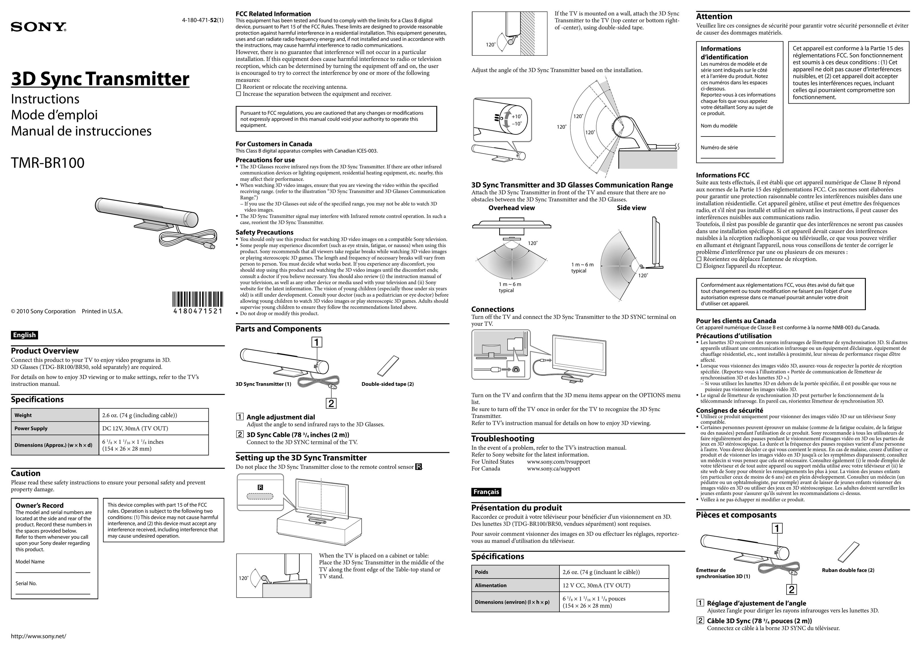 Sony TMR-BR100 Video Eyeware User Manual