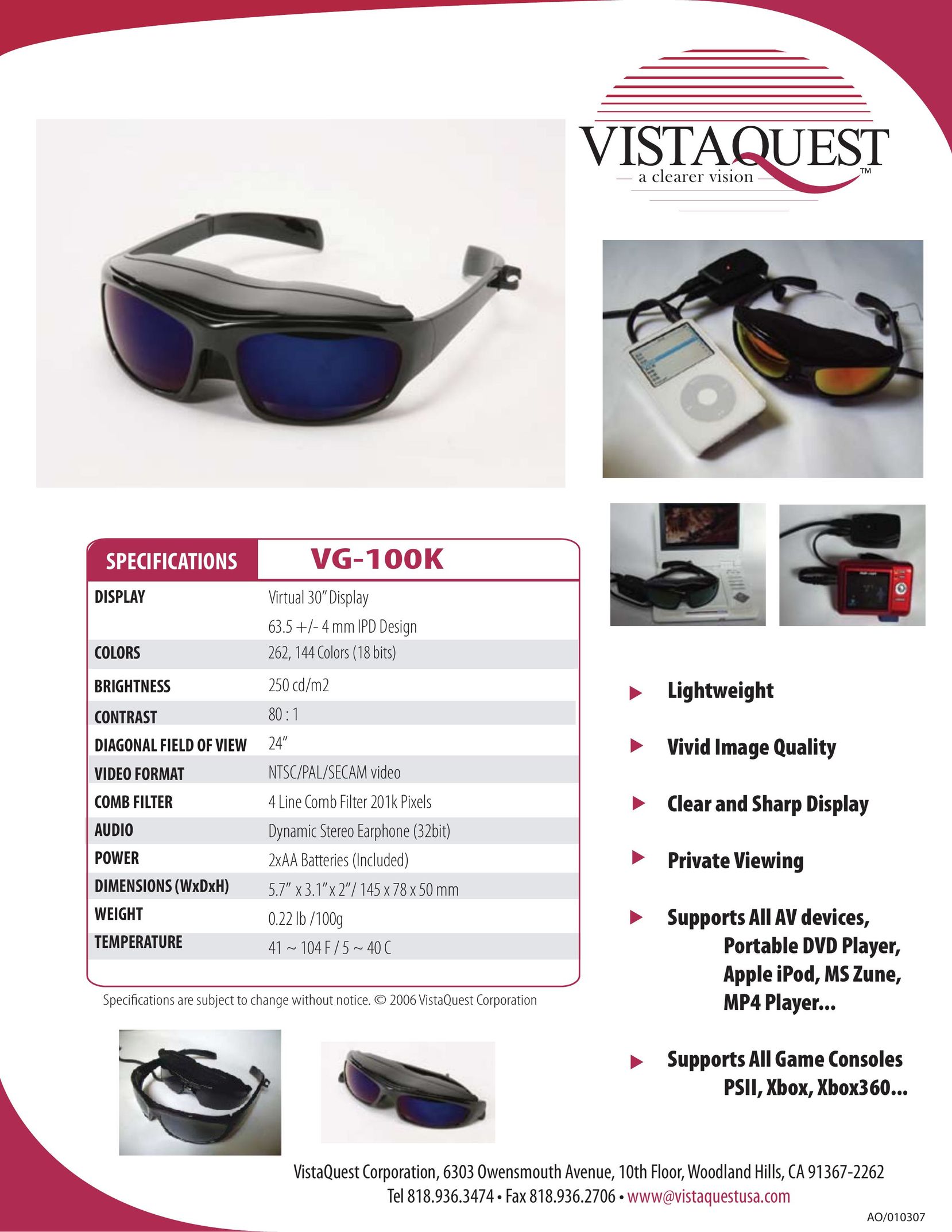 VistaQuest VG-100K Video Eyeware User Manual