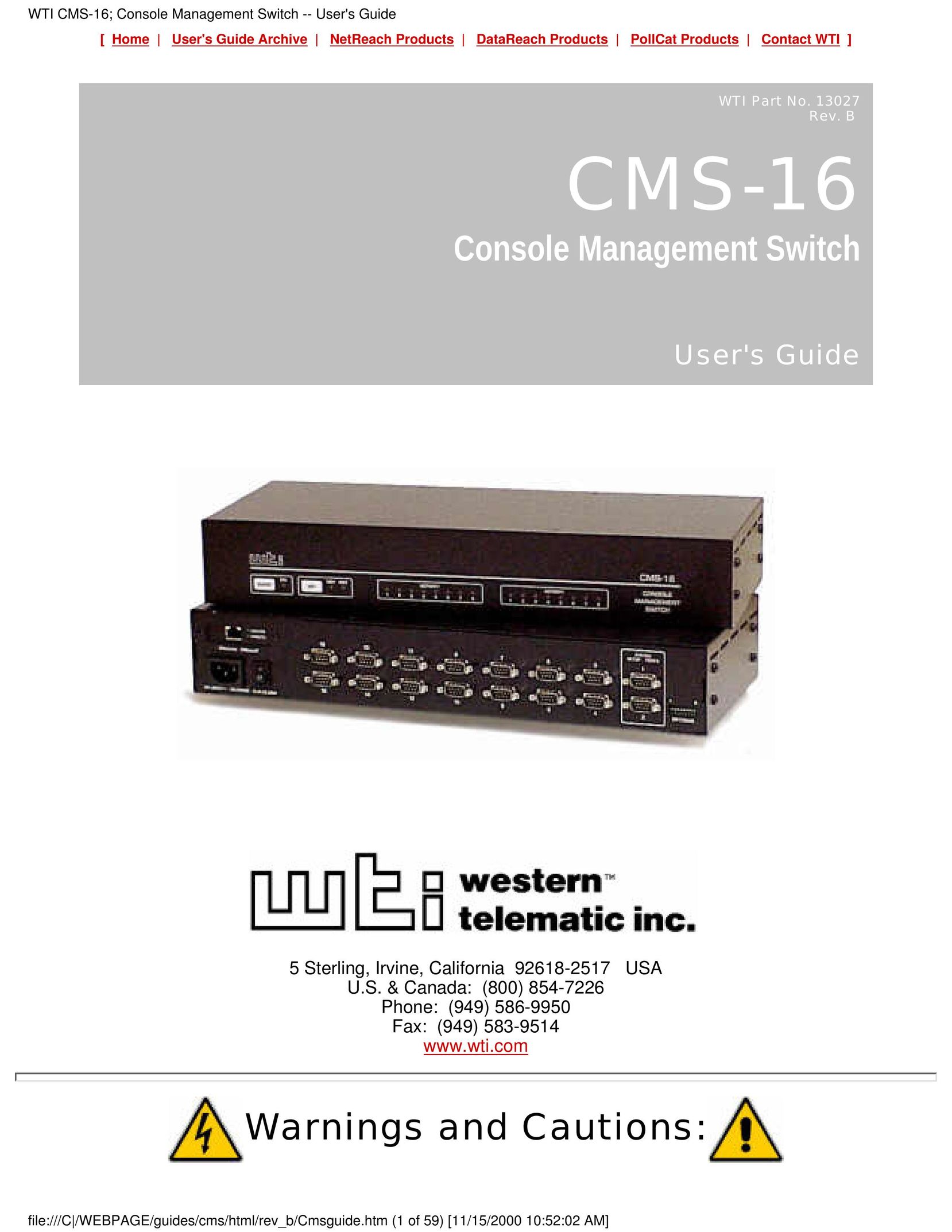 Western Telematic CMS-16 Video Game Console User Manual