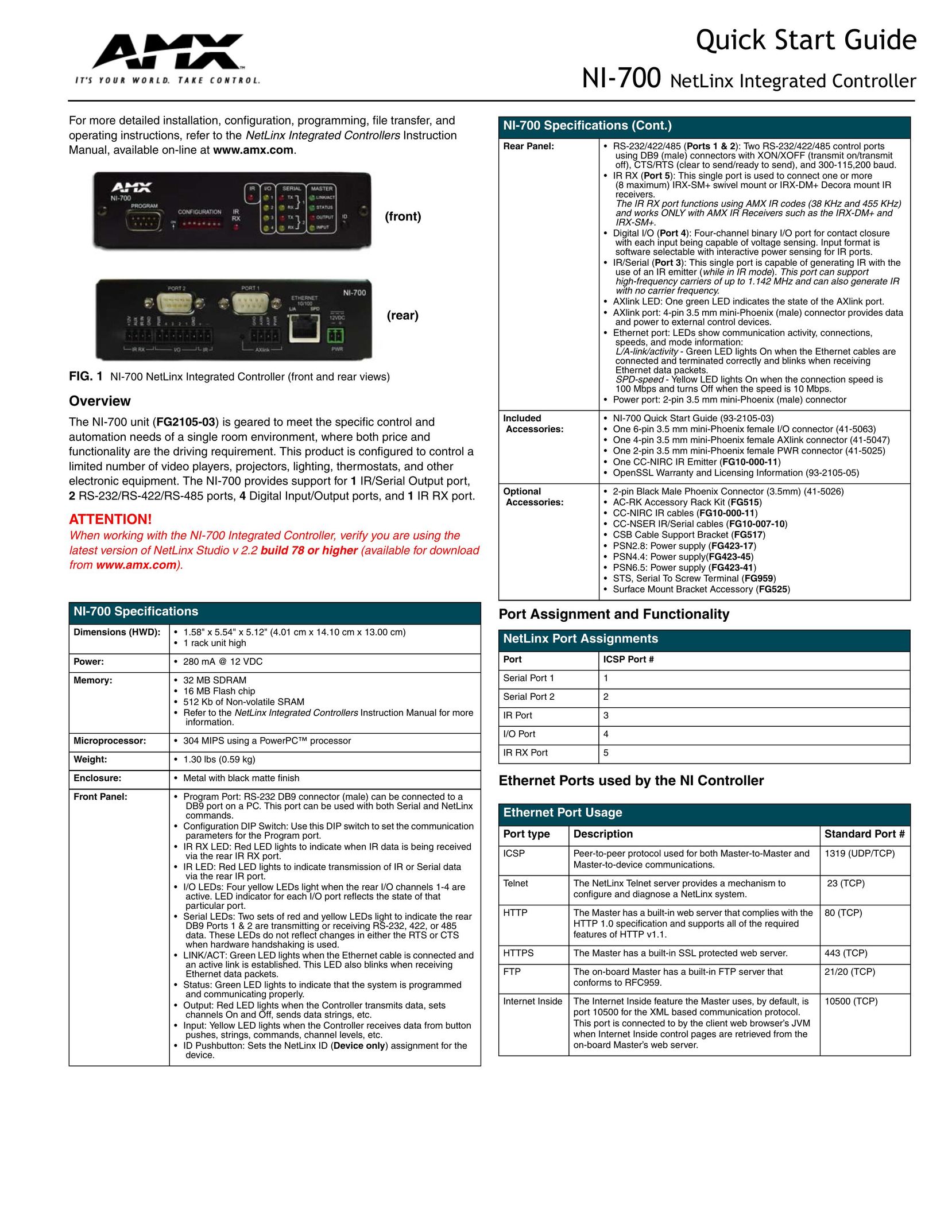 AMX NI-700 Video Game Controller User Manual