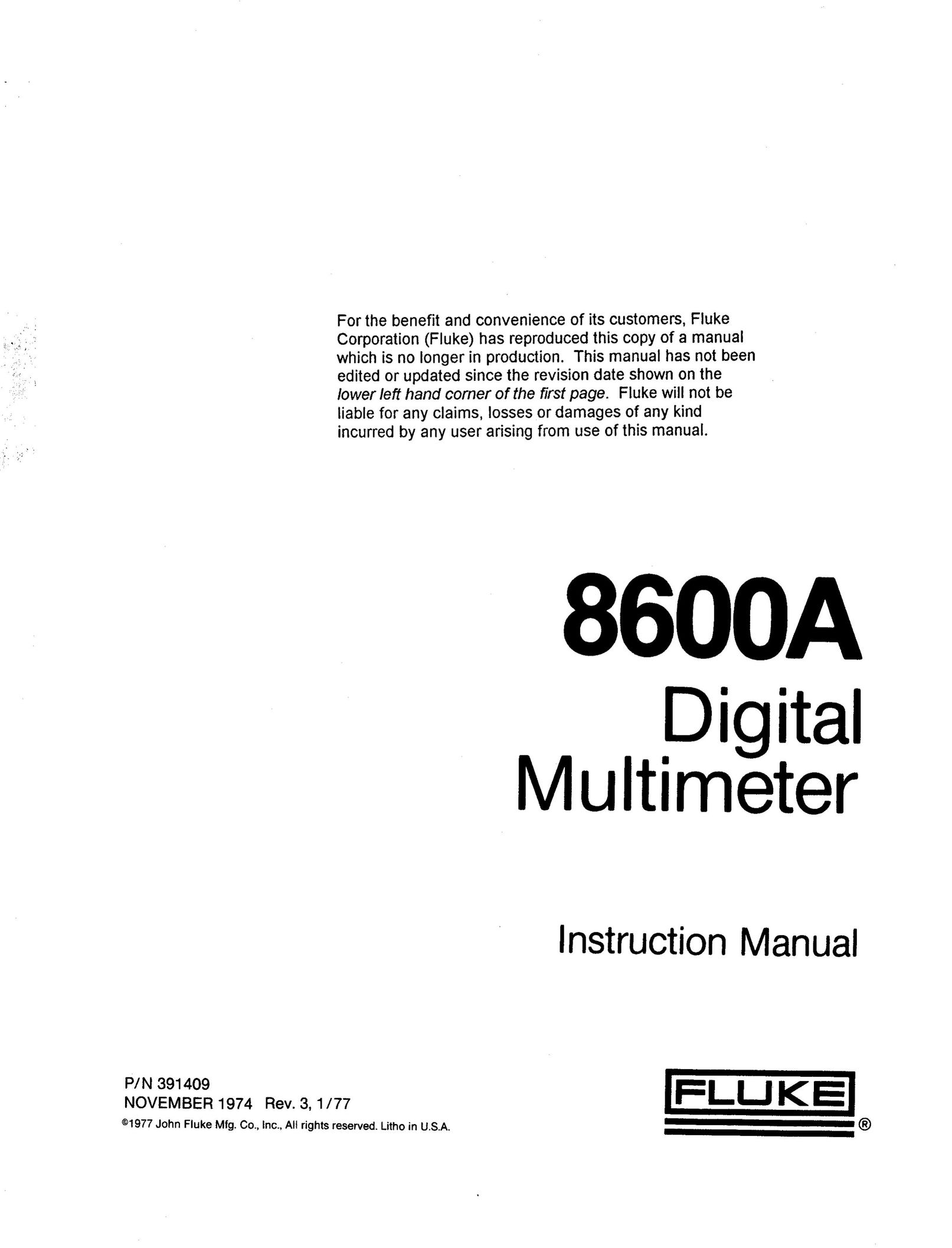 Fluke 8600A Video Game Keyboard User Manual