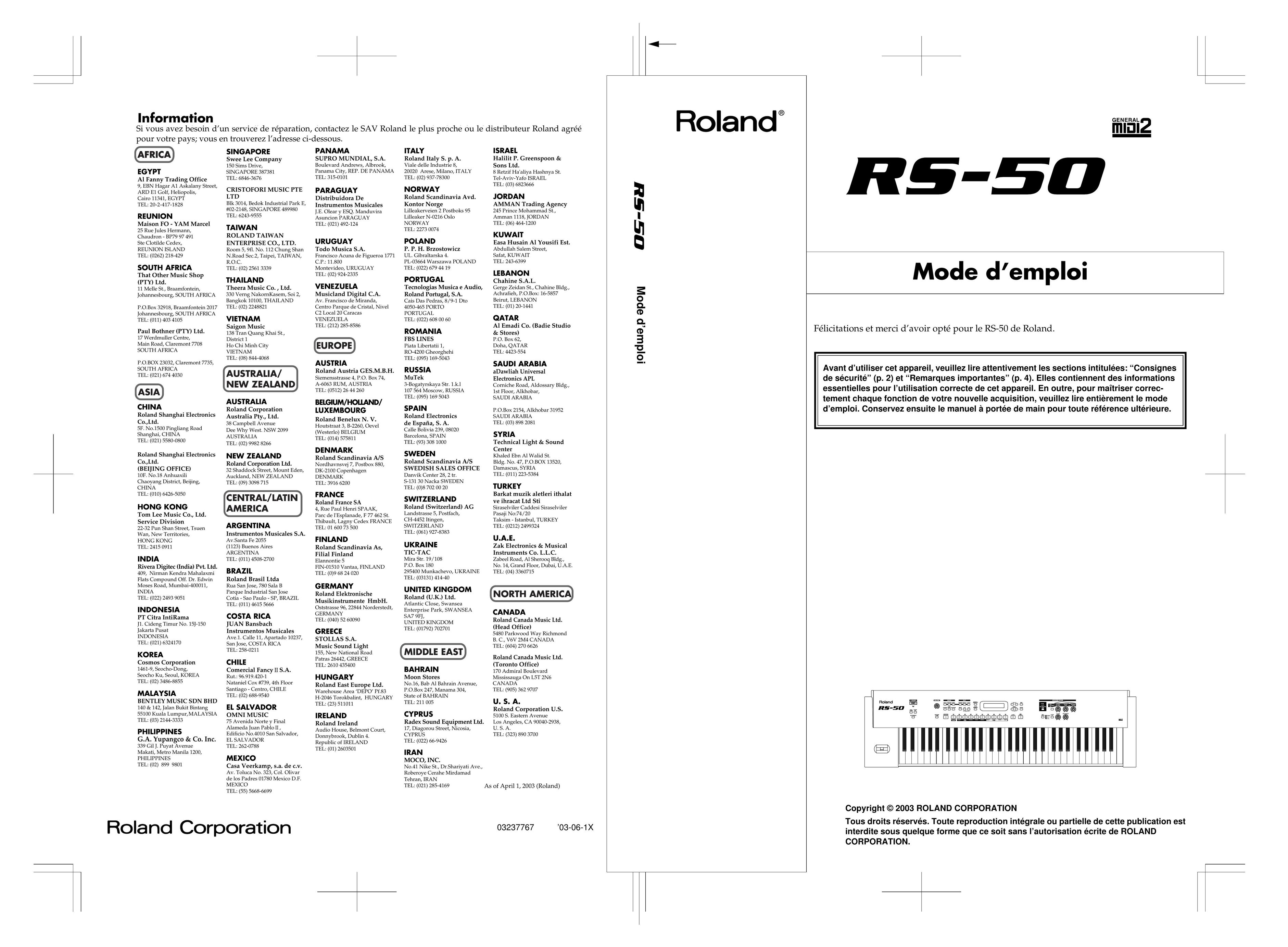 Roland RS-50 Video Game Keyboard User Manual