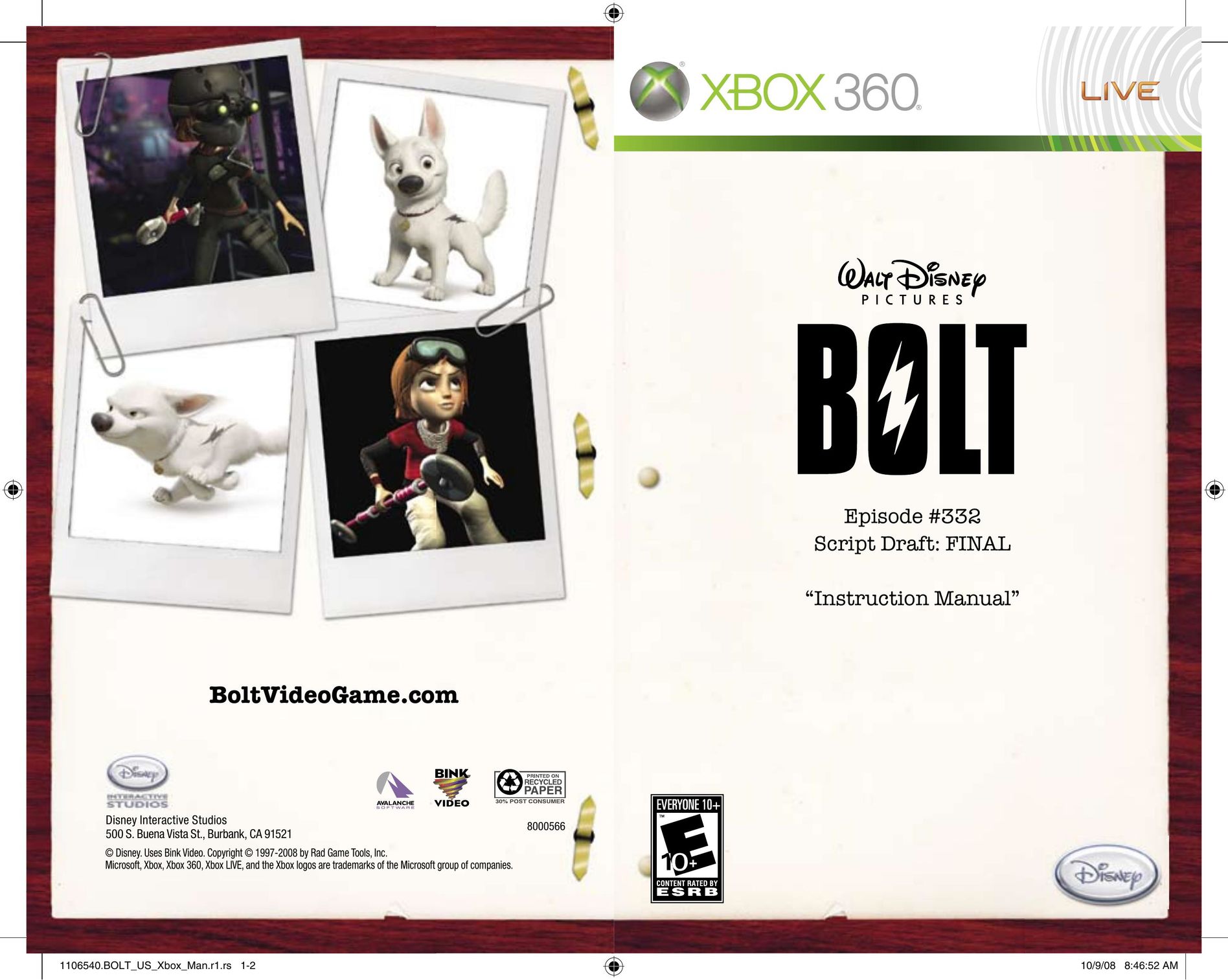Disney Interactive Studios Bolt for Xbox 360 Video Games User Manual