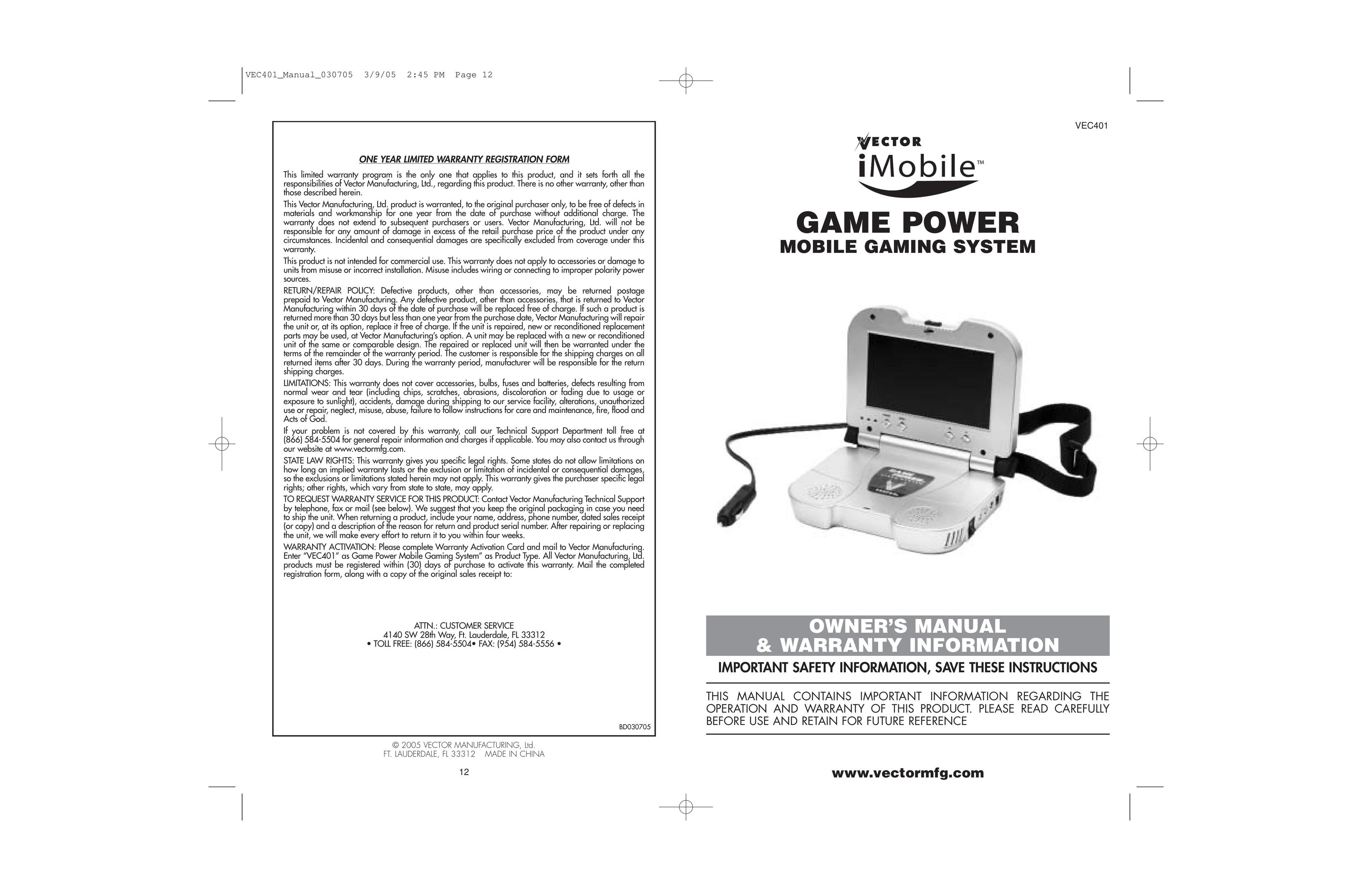 Vector VEC401 Video Games User Manual
