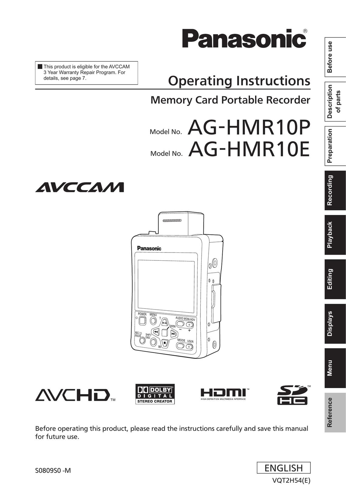Panasonic AG-HMR10P Video Gaming Accessories User Manual