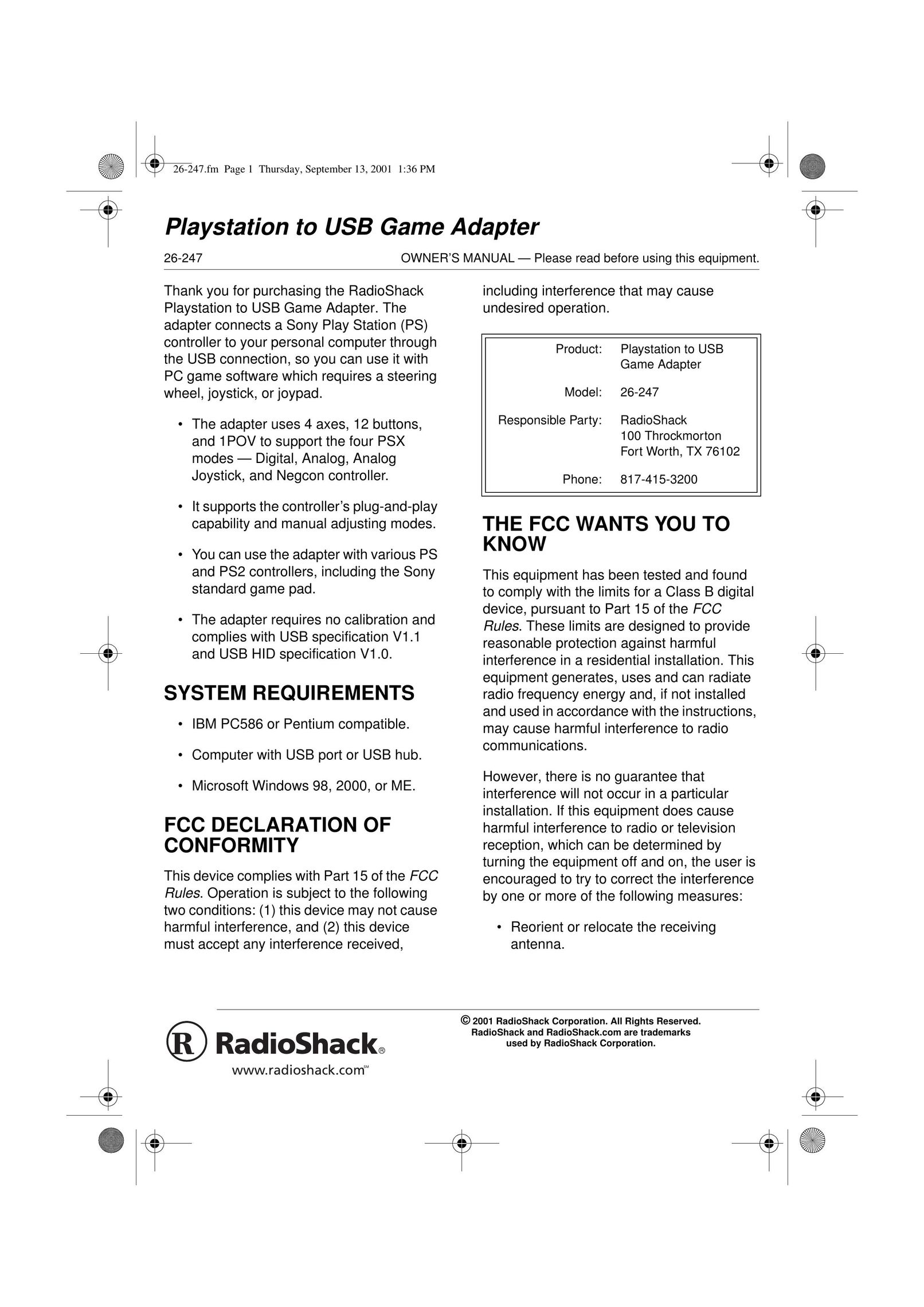 Radio Shack 26-247 Video Gaming Accessories User Manual