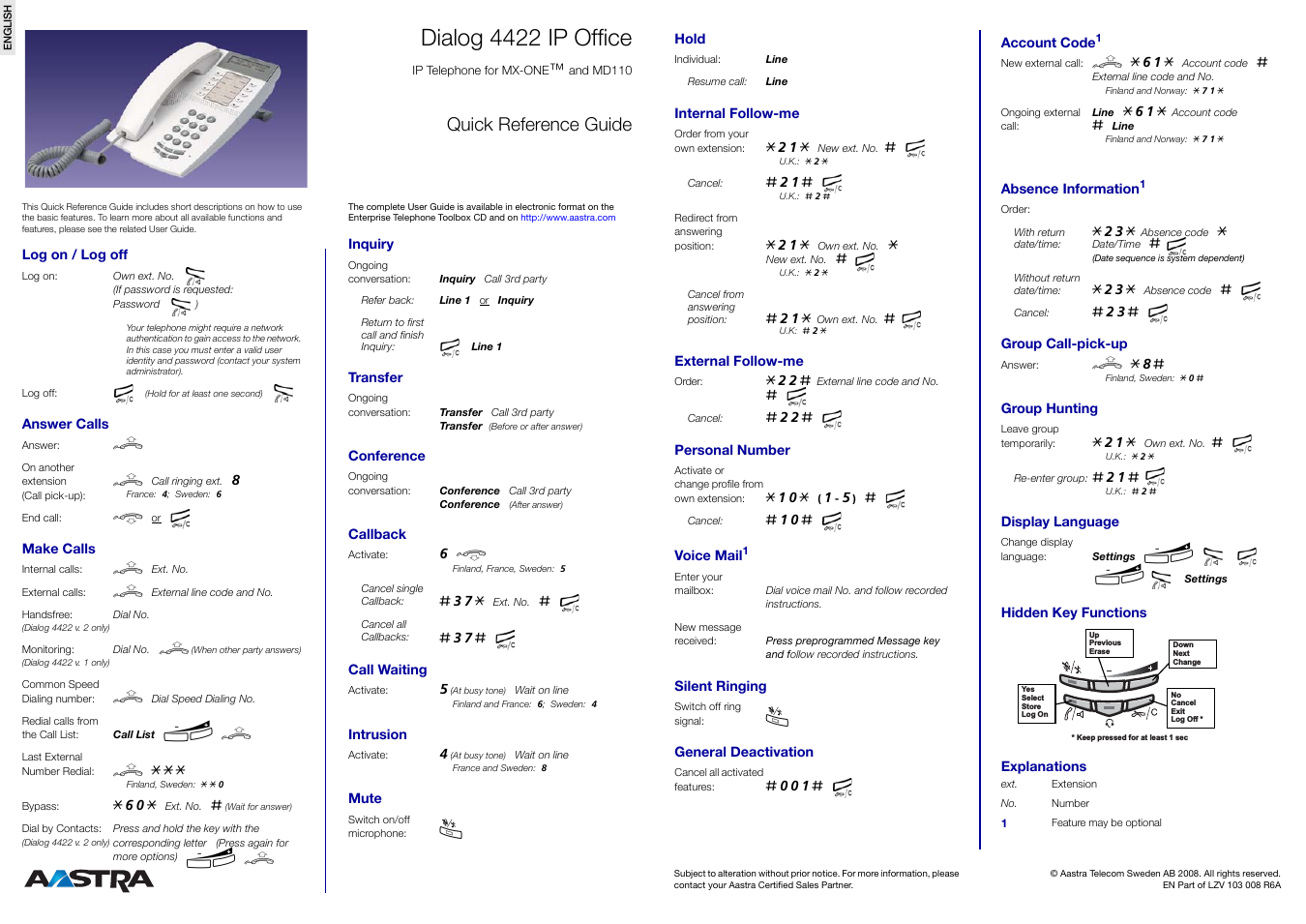 4422 IP Office for MX-ONE Quick Reference Guide