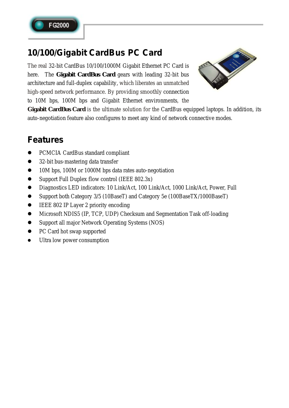 10/100/Gigabit CardBus PC Card FG2000