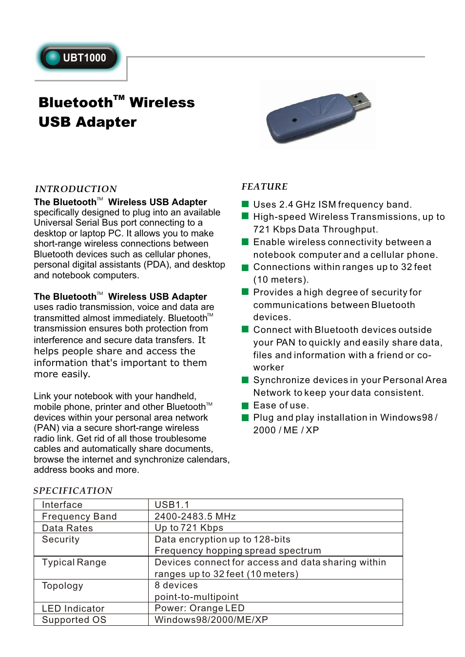Bluetooth Wireless USB Adapter UBT1000