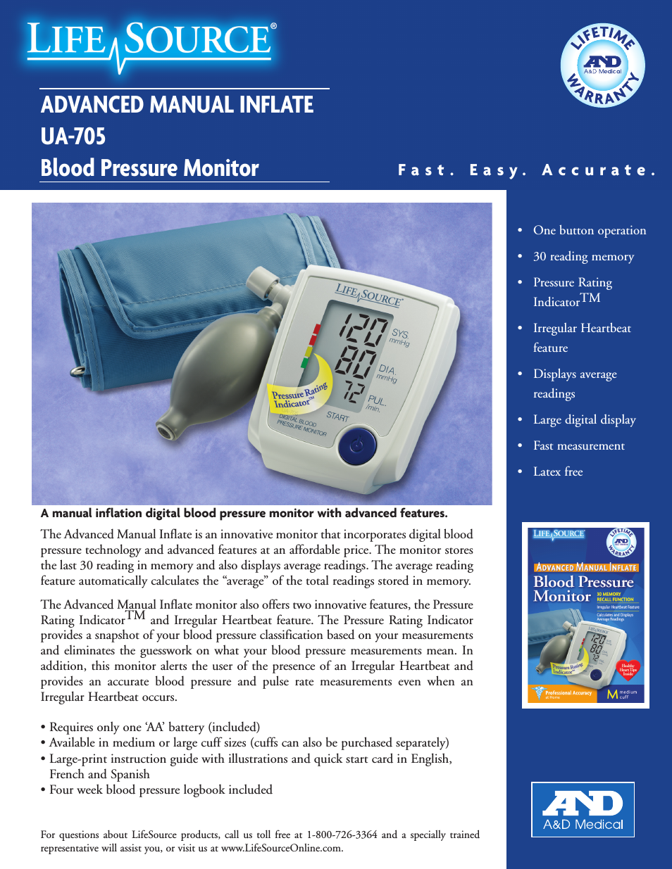 Advanced Manual Inflate Blood Pressure Monitor UA-705