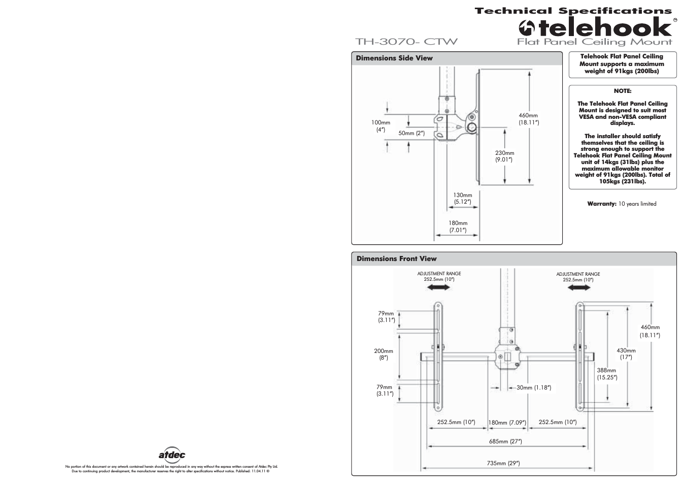 Telehook TH-3070-CTW Technical specs