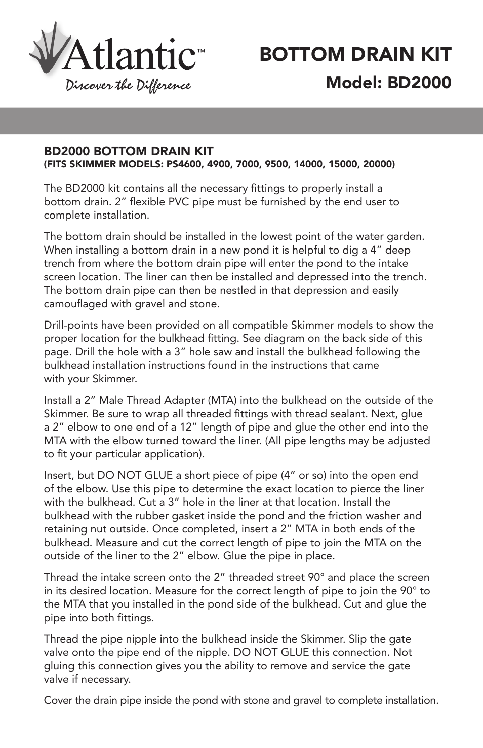 BD2000 - Bottom Drain Kit